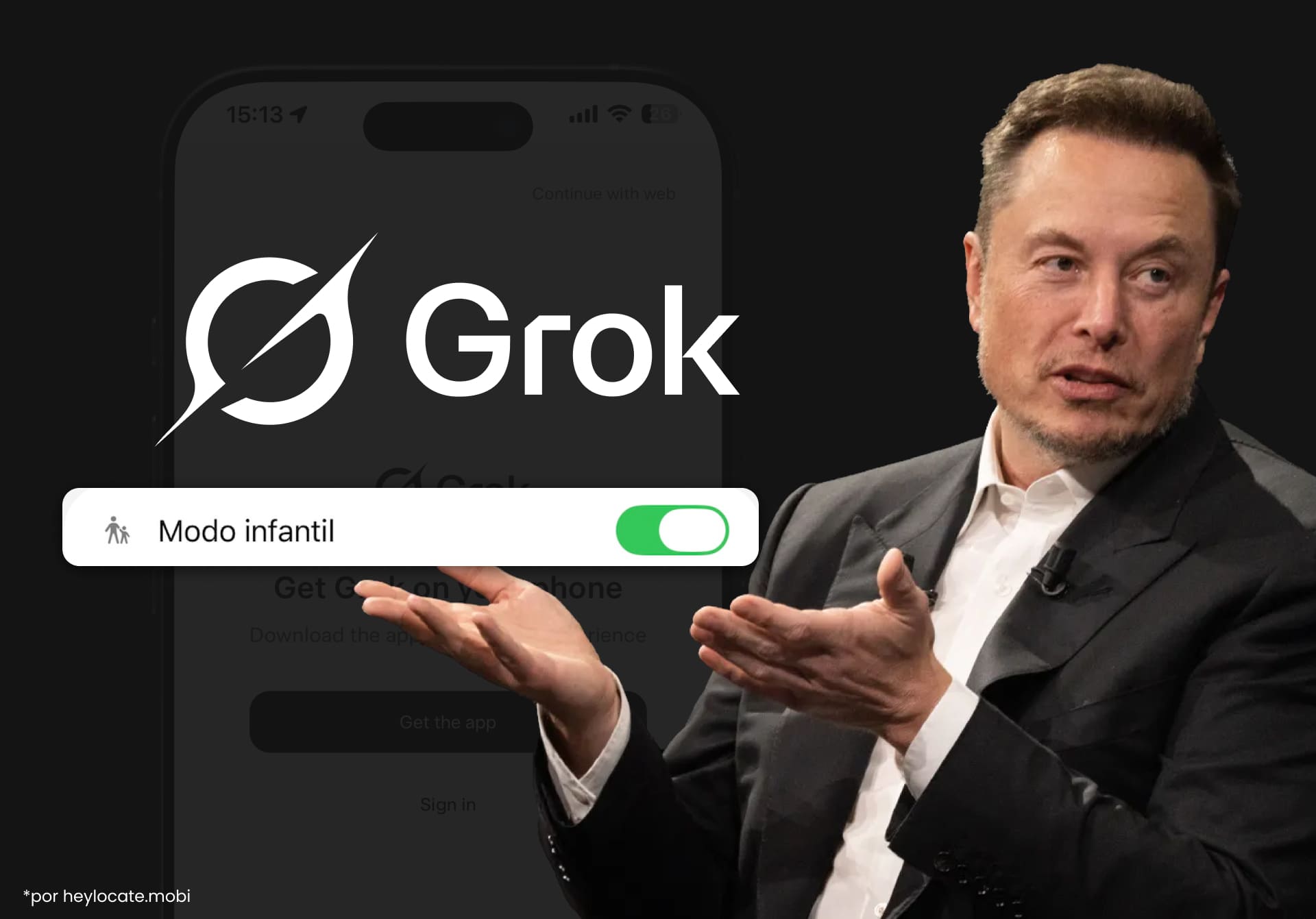 La imagen muestra a Elon Musk junto al logotipo de Grok, de xAI, y el interruptor del Modo infantil activado.