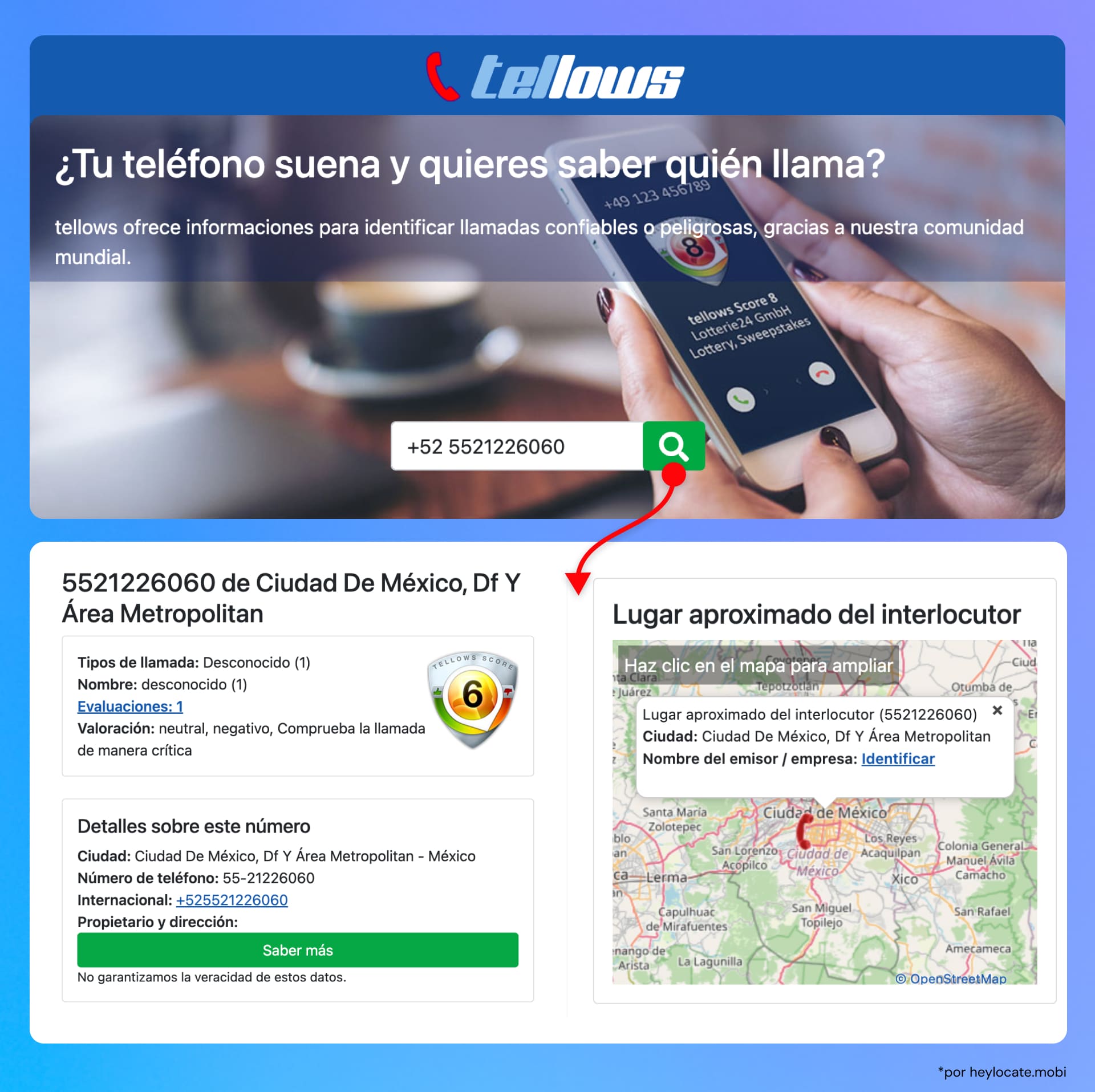 Página web de Tellows México que muestra la búsqueda de número telefónico con detalles de llamada, calificación del llamante y ubicación aproximada en el mapa.