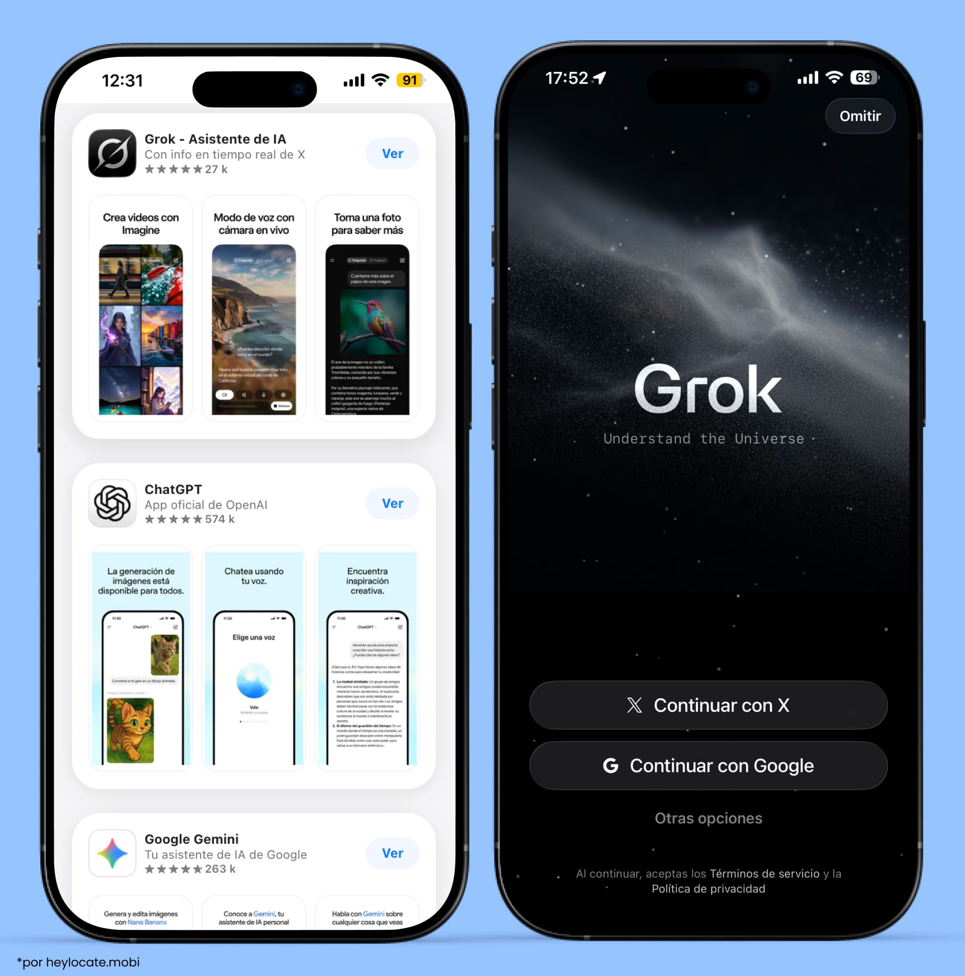 El proceso de instalación del chatbot Grok desde la App Store y la pantalla de bienvenida de la app con las opciones para iniciar sesión con Google o con X.