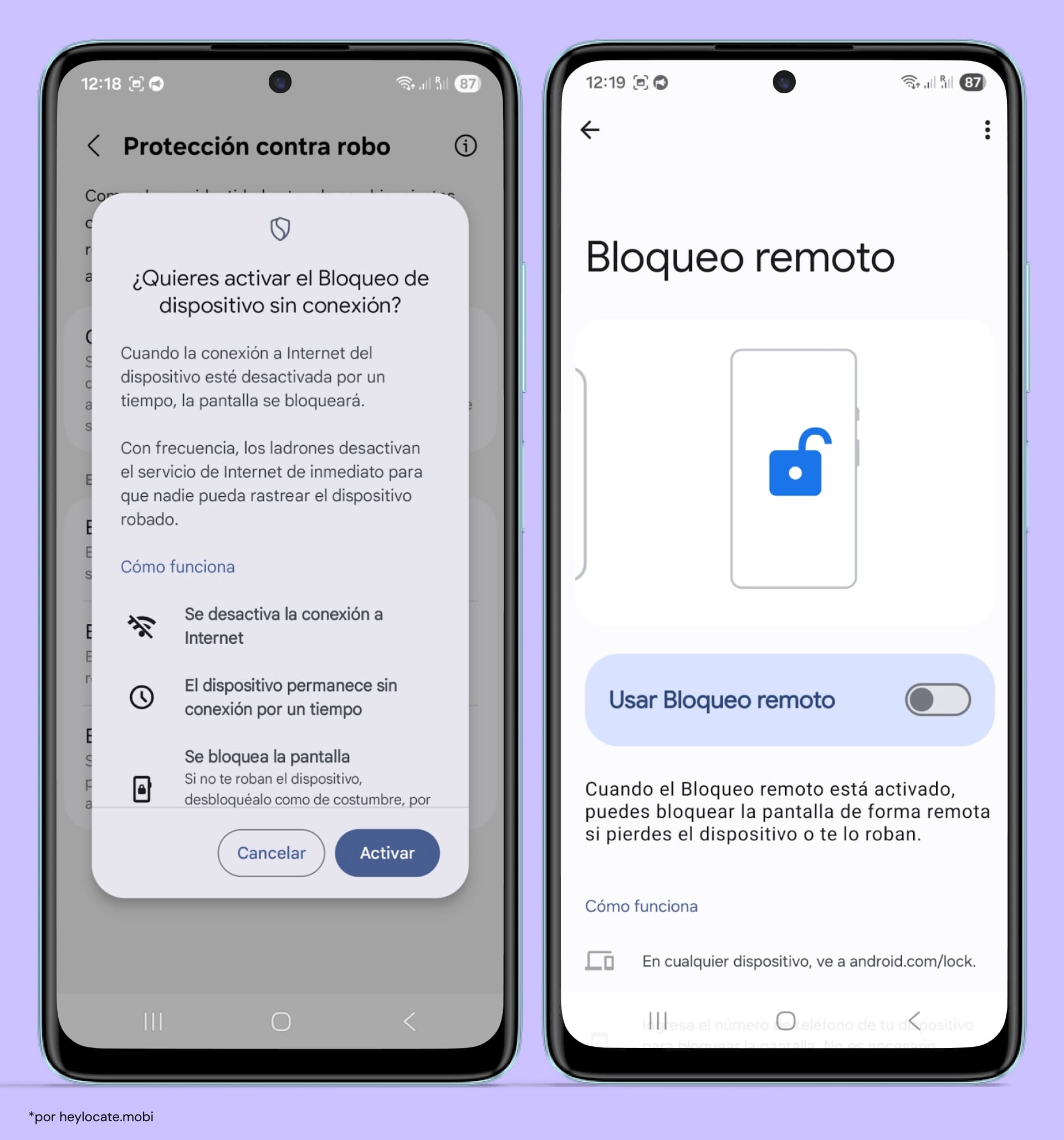 Capturas de pantalla de Bloqueo de dispositivo sin conexión y Bloqueo remoto.