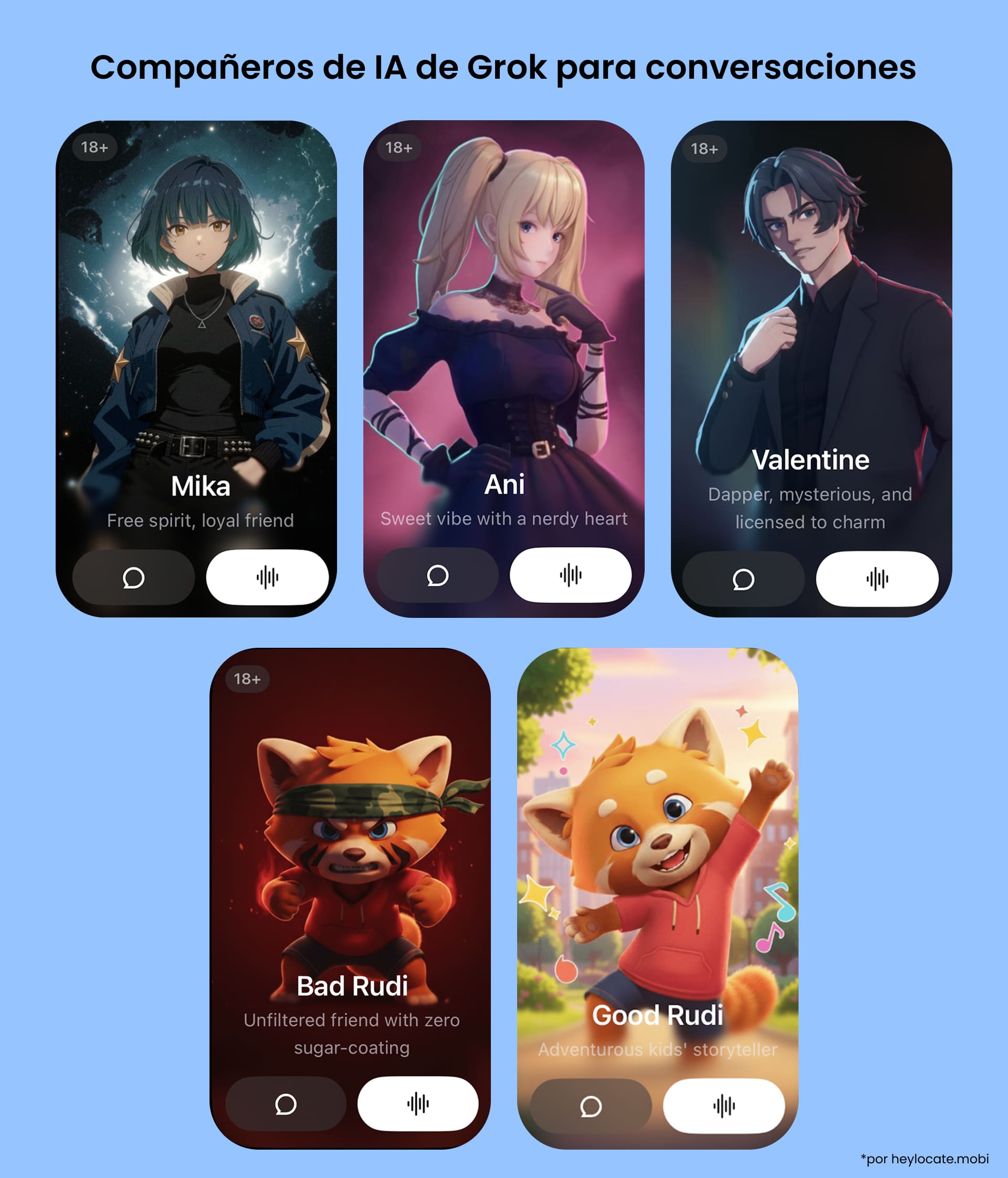 Cinco personajes virtuales de Grok AI, cuatro con clasificación 18+ y uno con personaje infantil.
