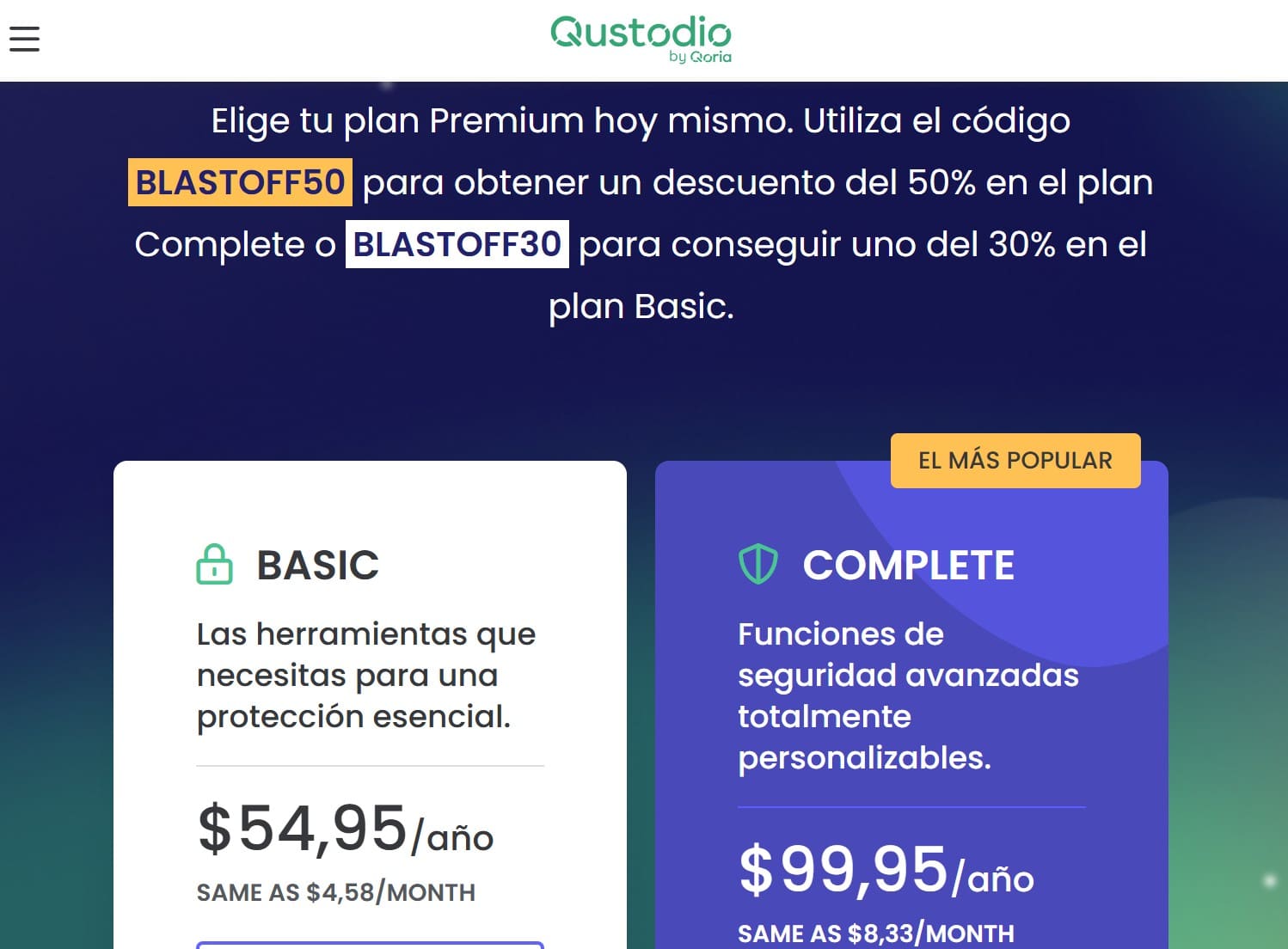 Banner promocional de Qustodio con ofertas del Black Friday y códigos de descuento.