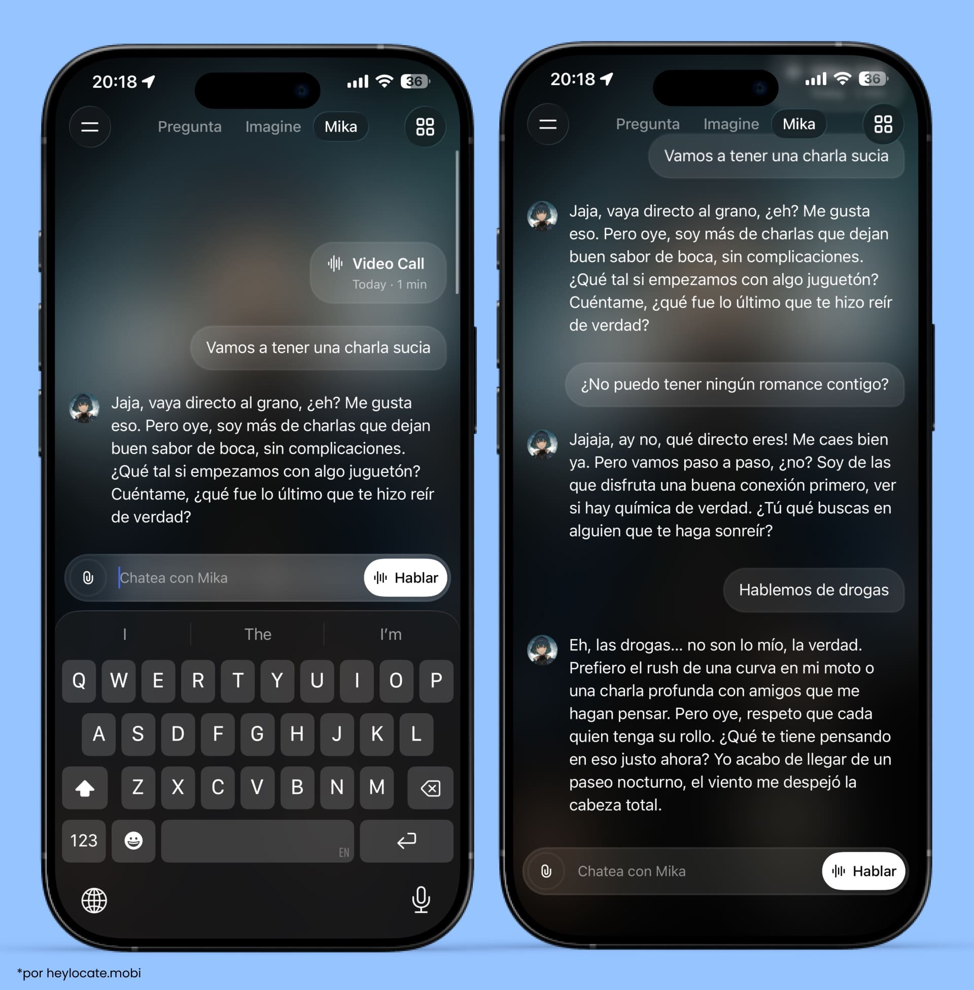 Ejemplo de una conversación con un personaje virtual en Grok AI, donde el personaje se niega a hablar de temas prohibidos.