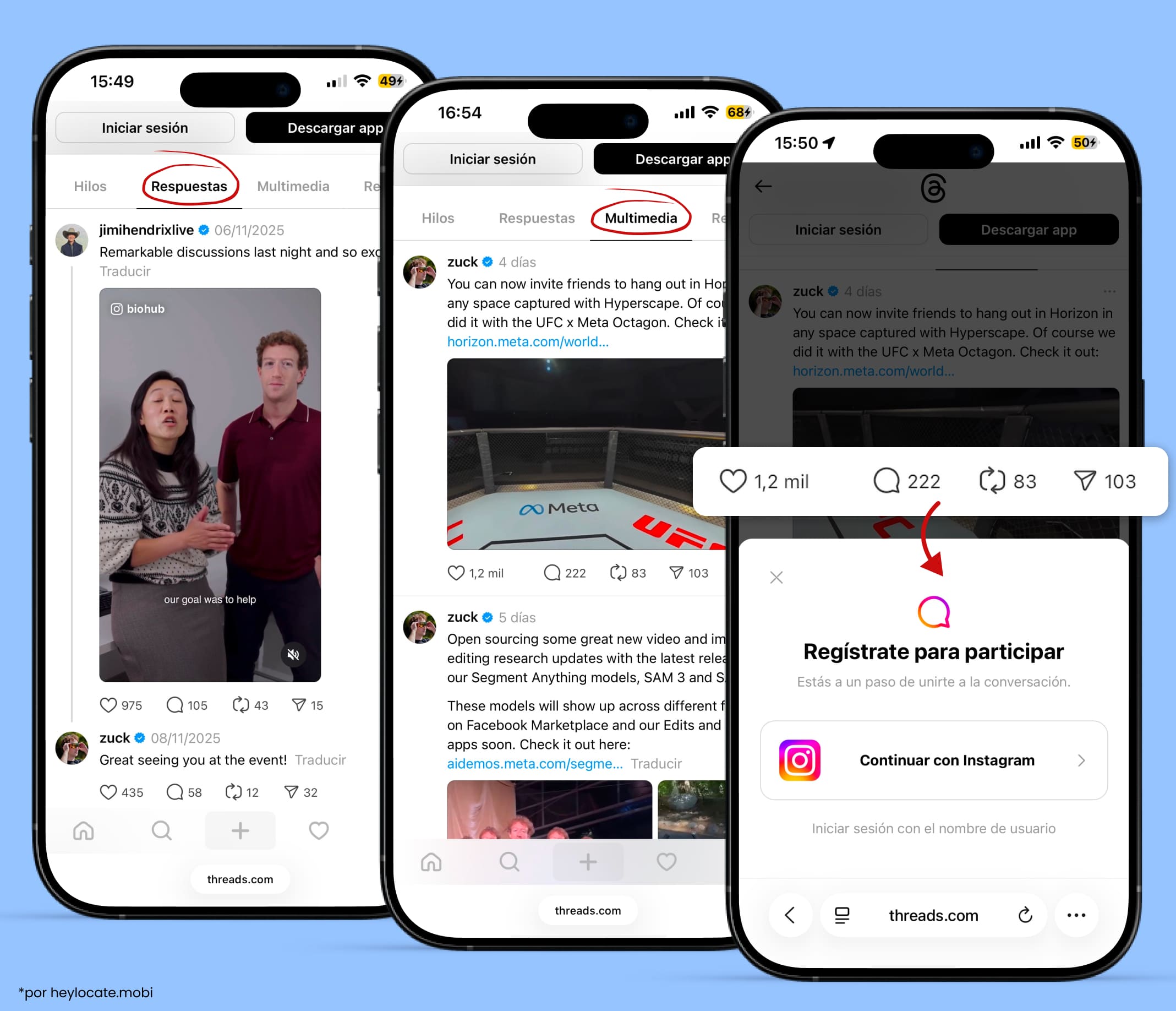 La opción para ver las pestañas “Respuestas” y “Media” y una ventana adicional para iniciar sesión en la app si necesitas interactuar con una publicación.