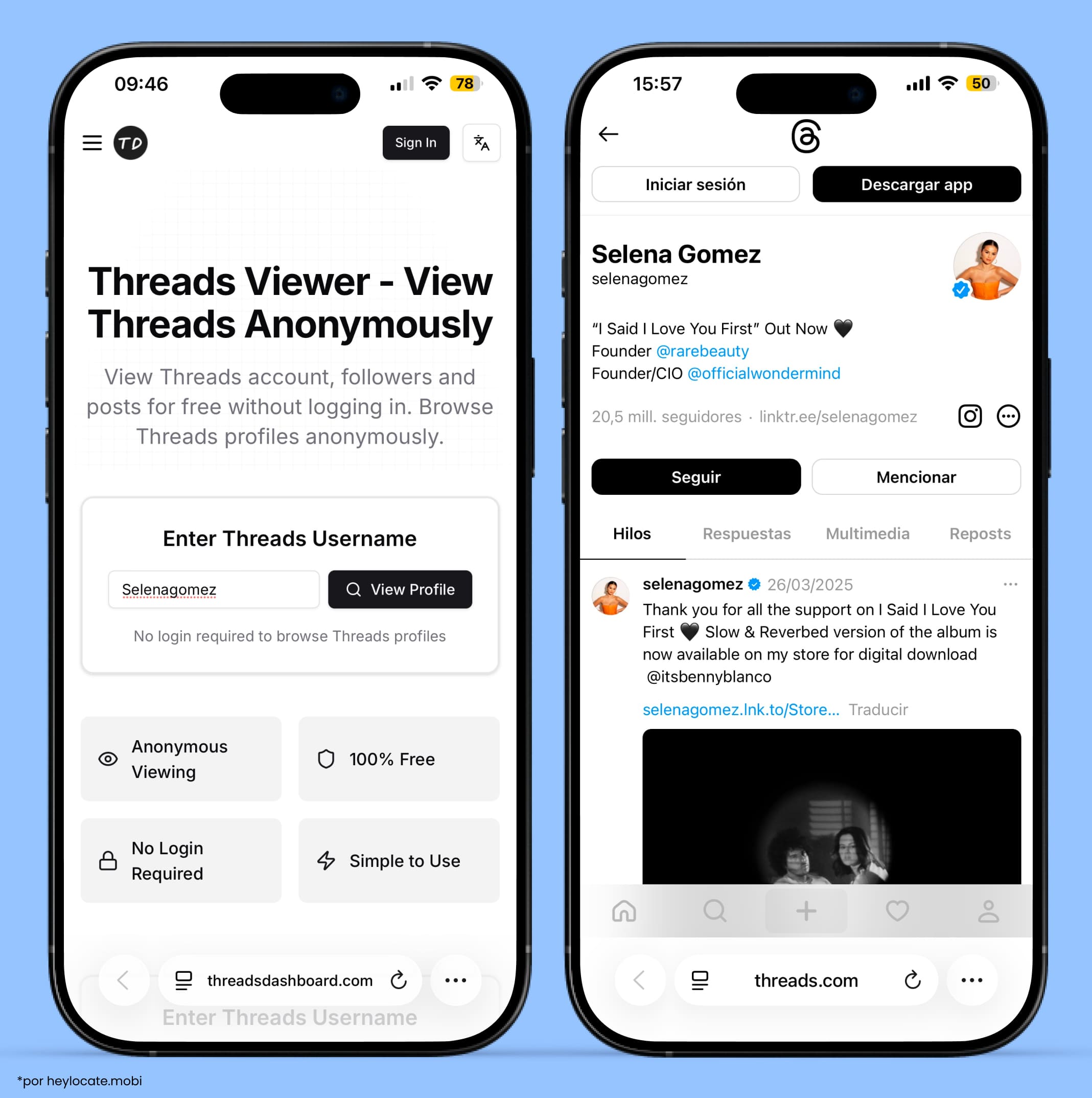 Interfaz del visor de Threads donde ingresas un nombre de usuario para navegar por perfiles sin iniciar sesión — y muestra el perfil de Threads en la app Threads.