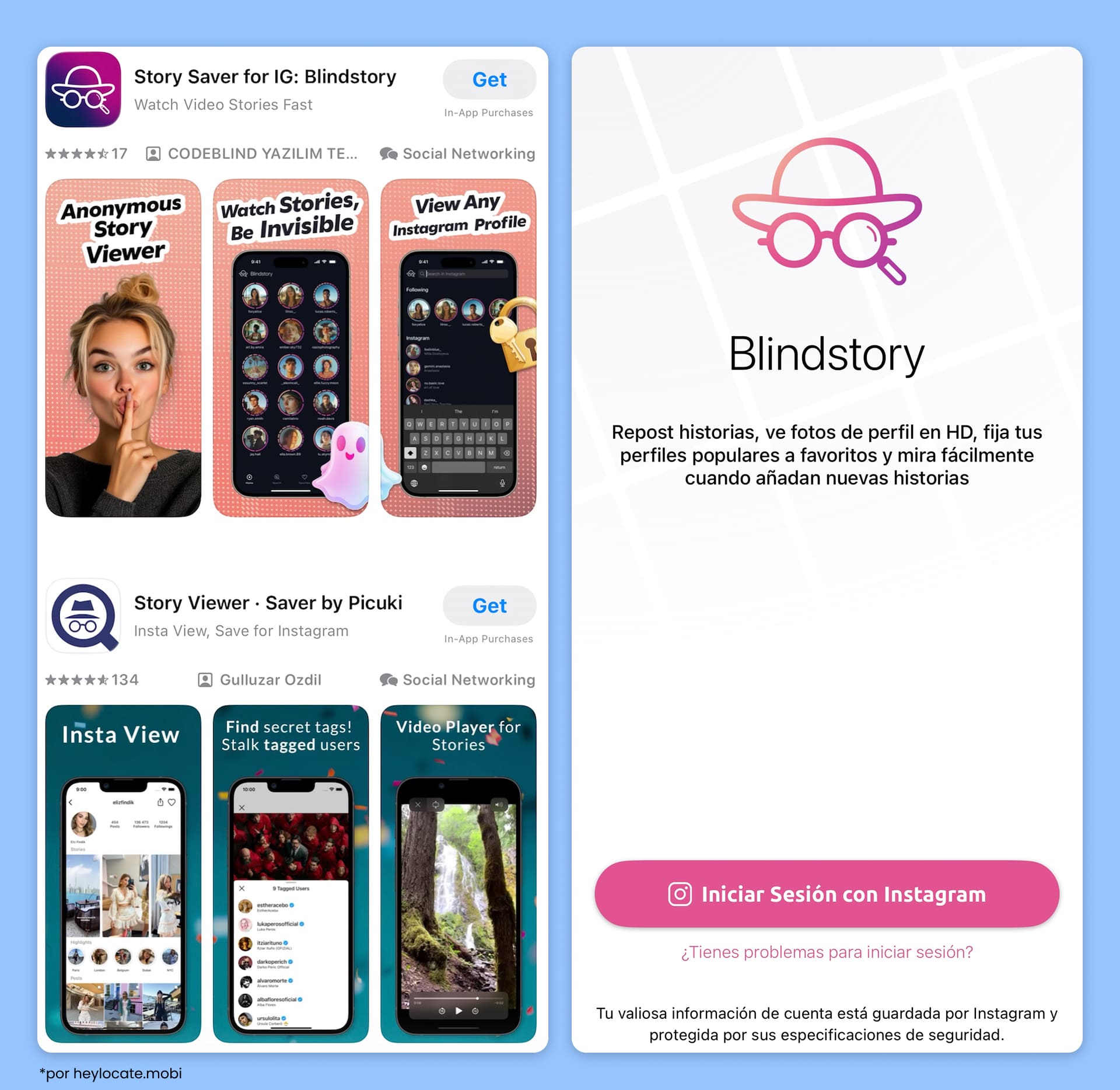 Búsqueda de Instagram Stories Viewer en Google Play y ventana de conexión dentro de la app.