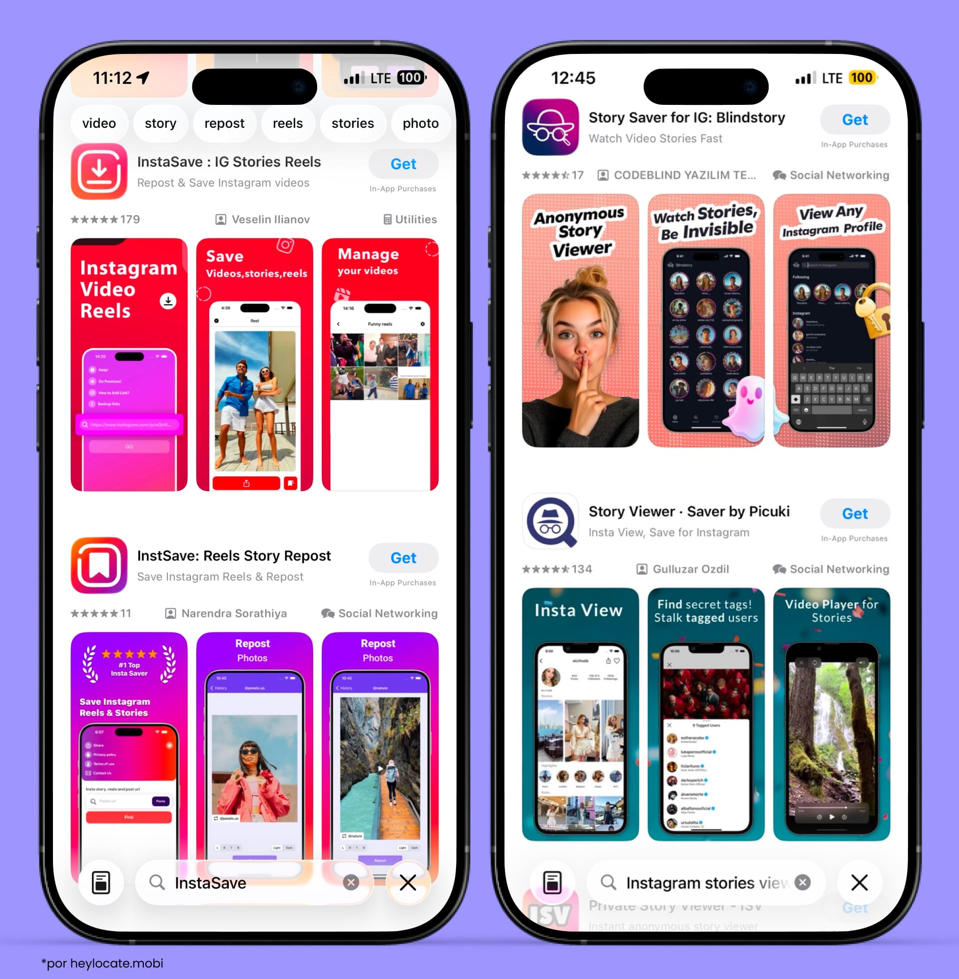 Apps del Apple Store para “ver Instagram Stories” – InstaSave, Blindstory, Story Viewer, etc.