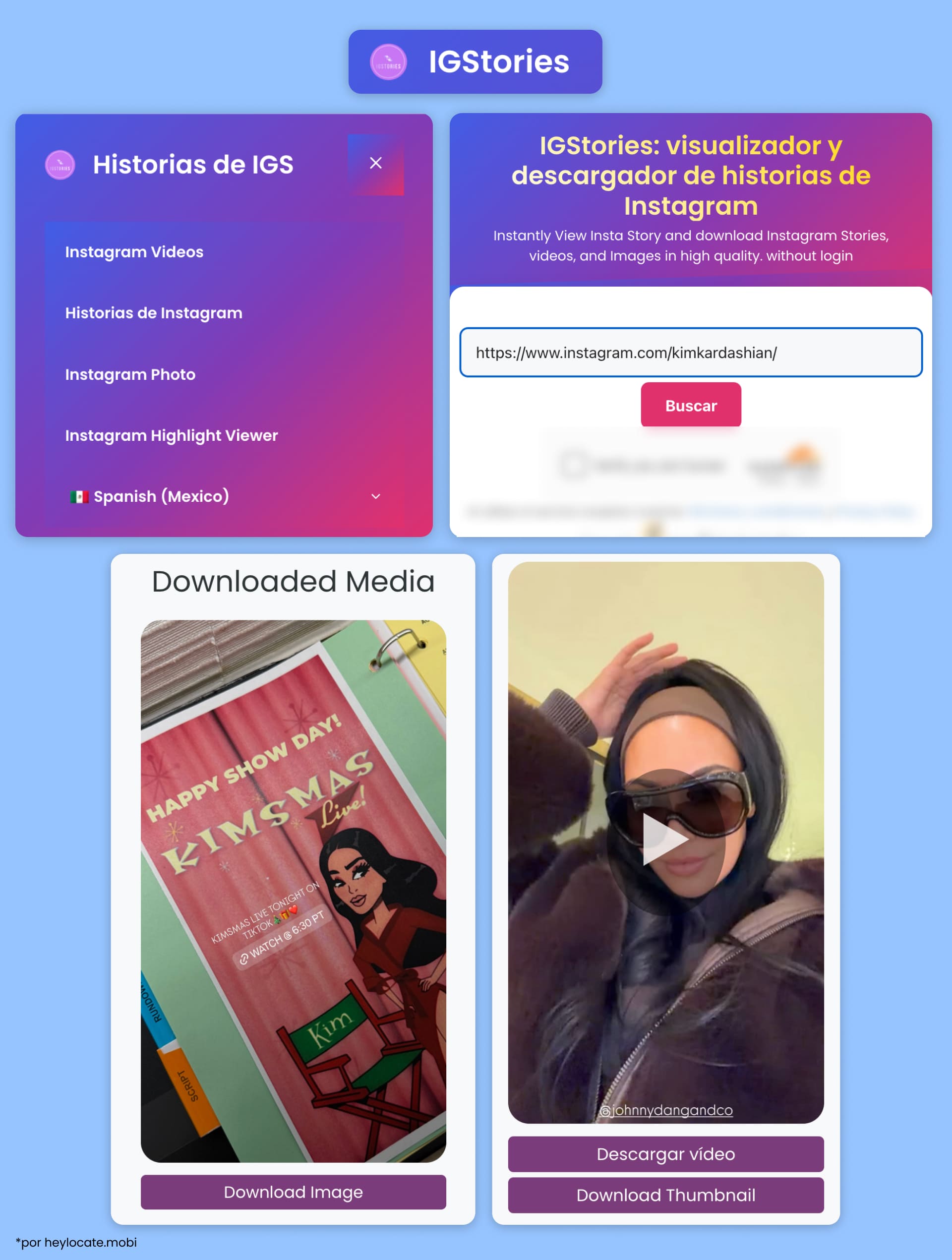 Interfaz de IGStories con menú, búsqueda de perfiles y medios subidos.