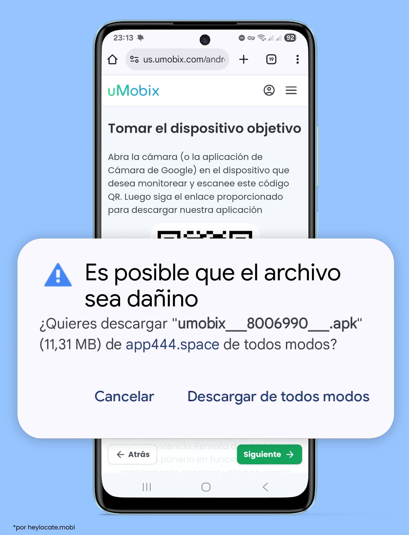 Instalación de la app uMobix con un código QR y una advertencia sobre descargar el archivo APK.