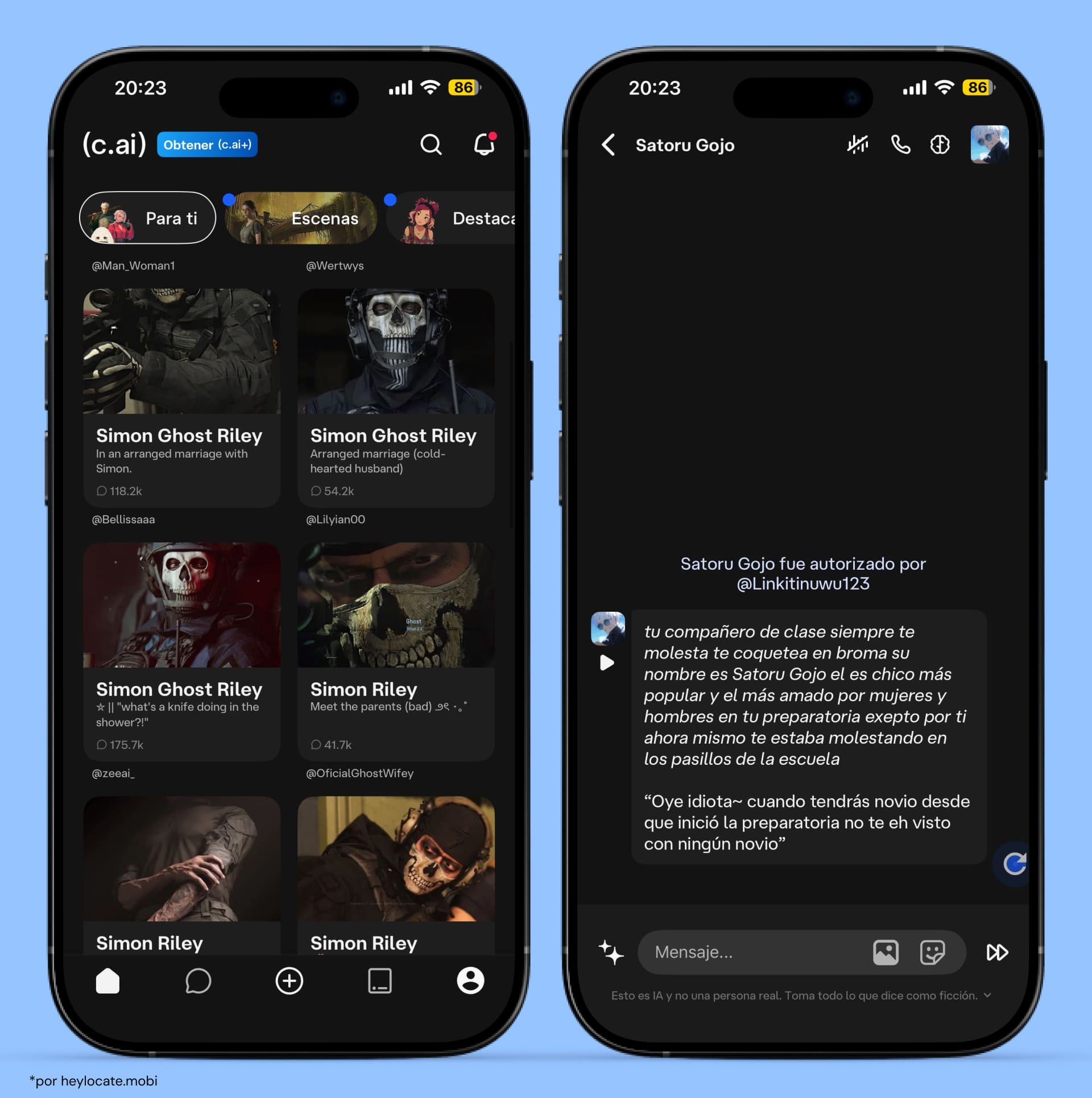 Interfaz de Character.AI con una selección de personajes de anime y una pantalla de diálogo con un bot de IA.
