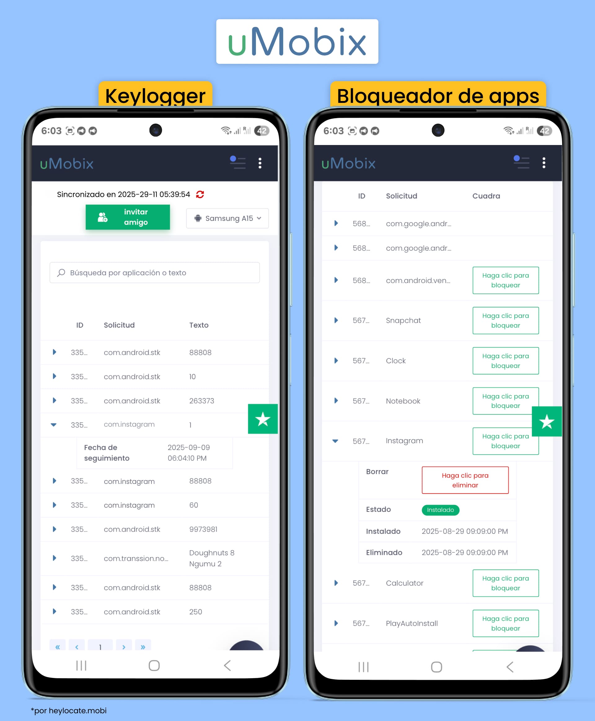 Keylogger con una lista de datos ingresados y App Blocker con una lista de aplicaciones y botones para bloquear.