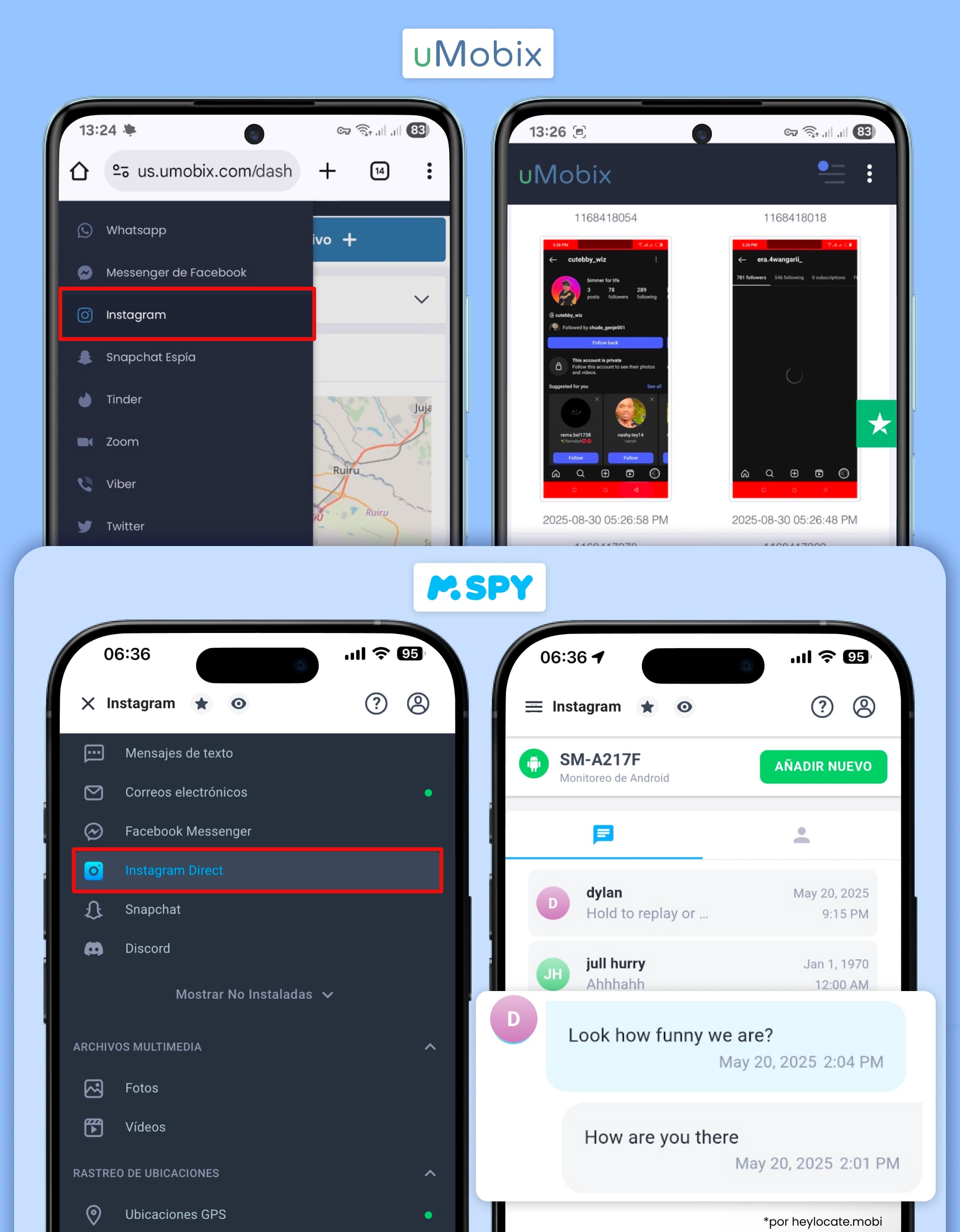 Visualización de capturas de pantalla de Instagram en uMobix y conversaciones de Instagram a través de mSpy.