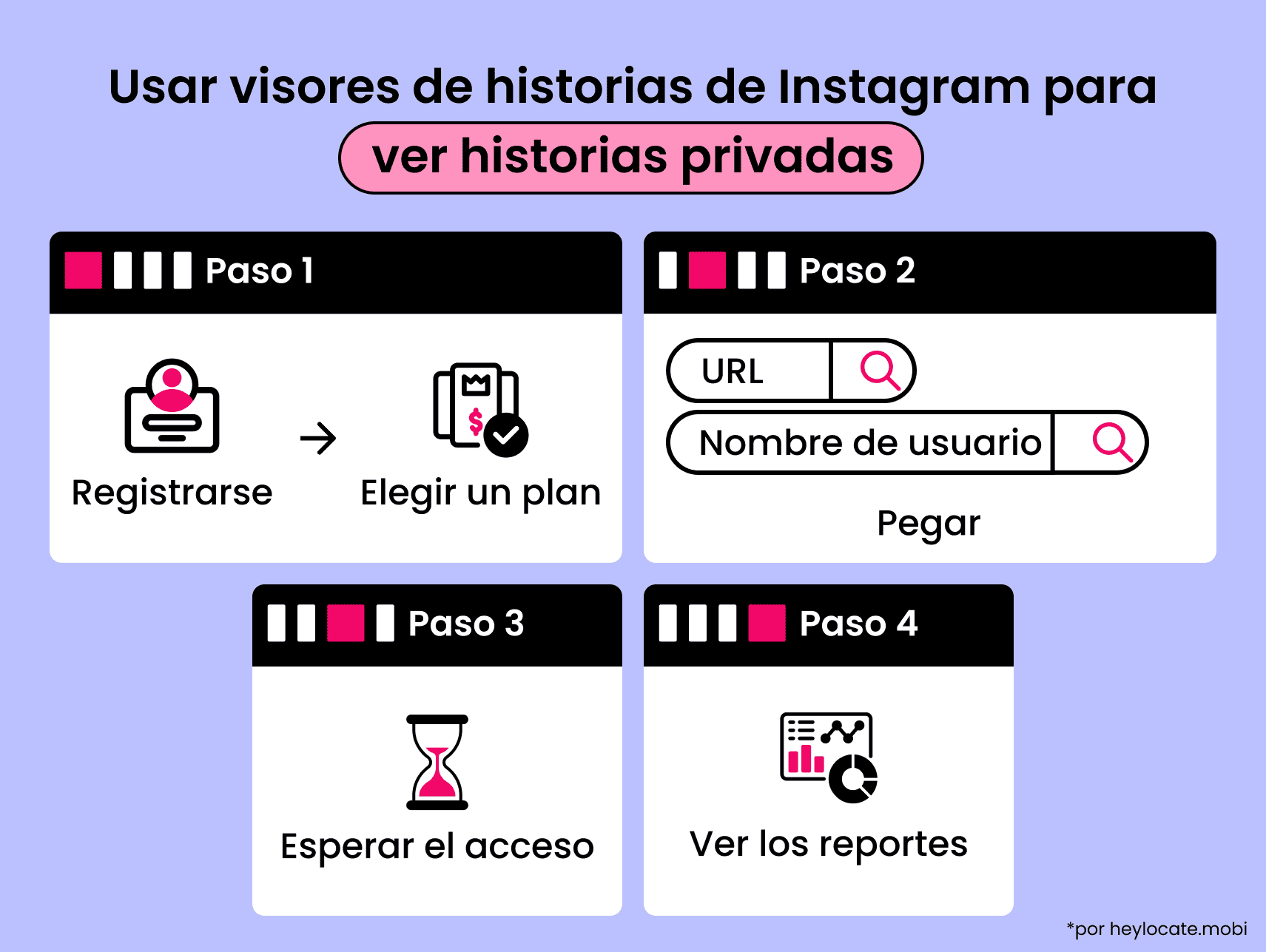 Cuatro pasos: registrarte y elegir un plan, ingresar la URL o el usuario, esperar el acceso y ver los reportes.