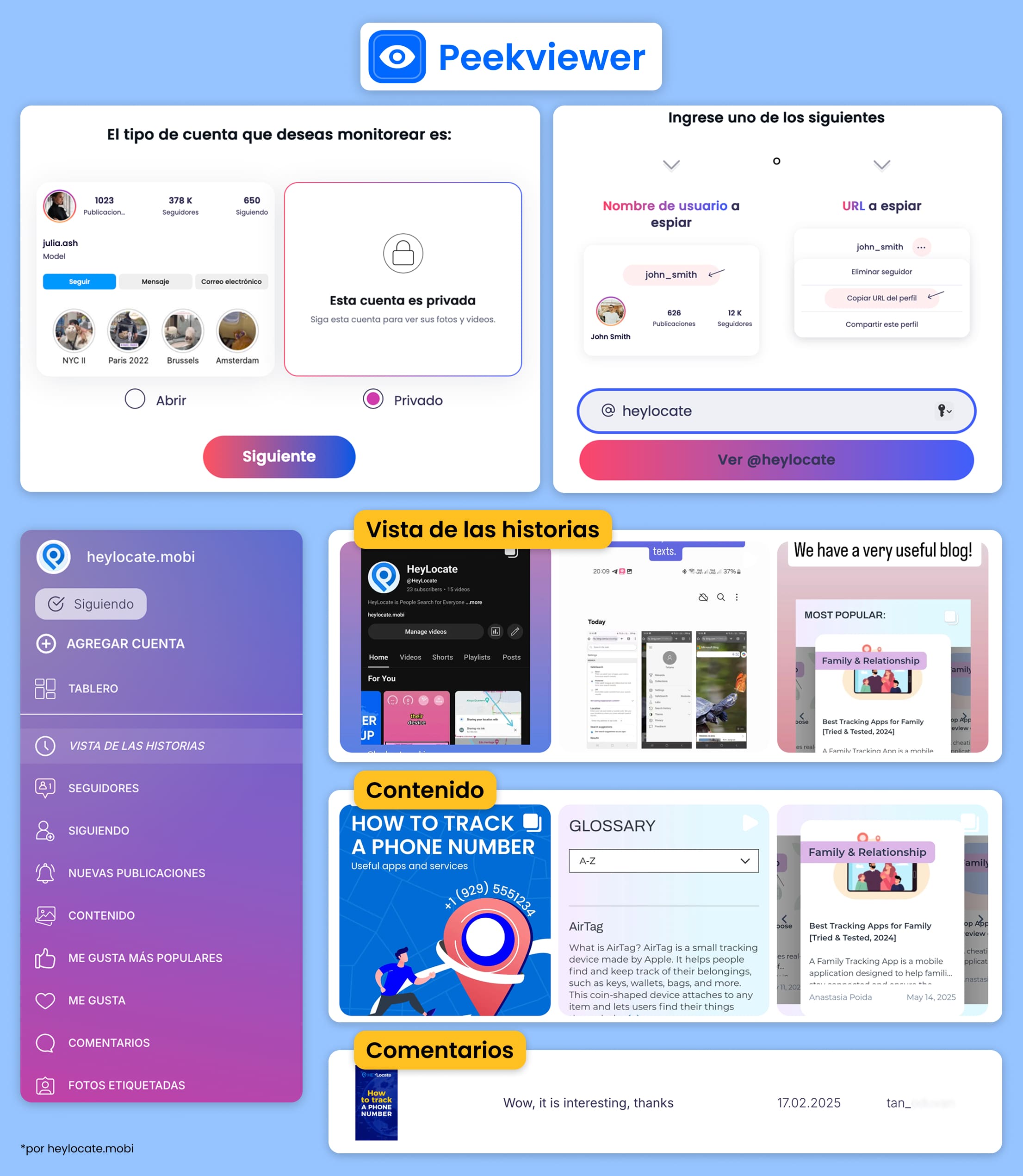 Interfaz de Peekviewer con selección del tipo de cuenta, ingreso del nombre de usuario, menú lateral y bloques de Historias, contenido, comentarios, etc.