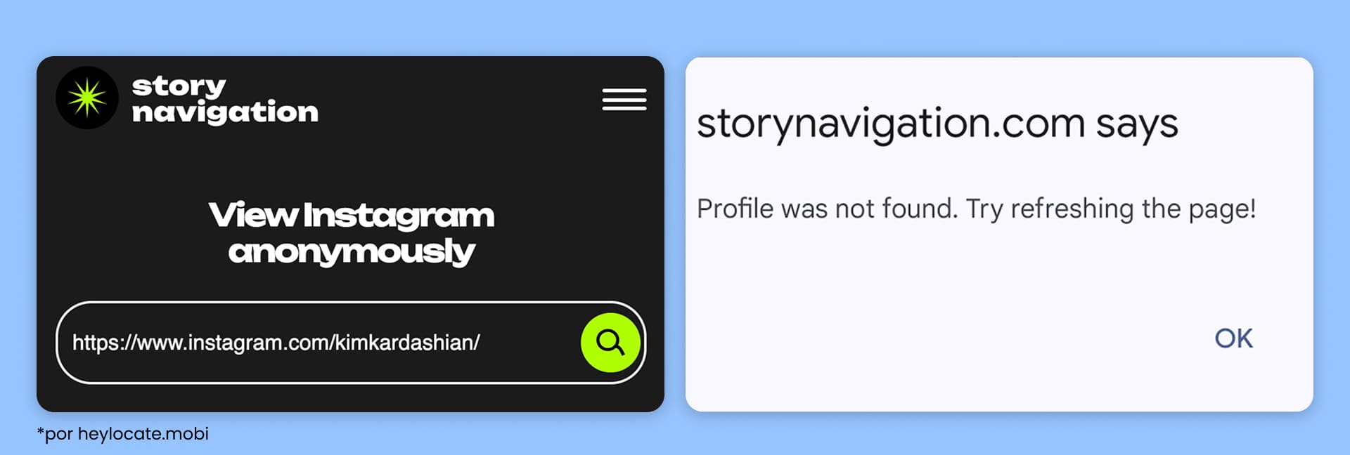 Intento de ver un perfil de Instagram de forma anónima y error de carga.
