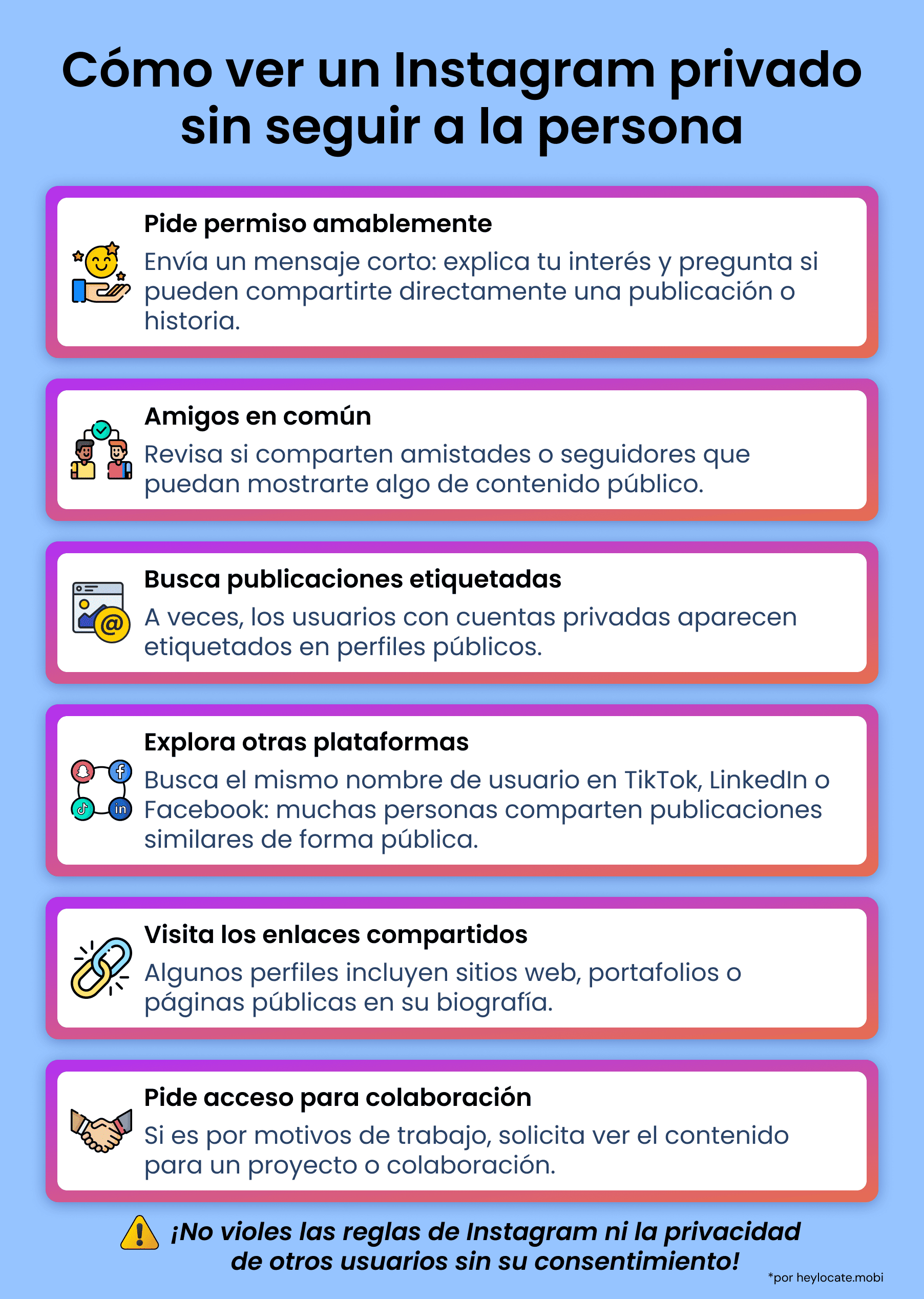 Infografía sobre formas seguras de ver cuentas privadas de Instagram sin seguir.