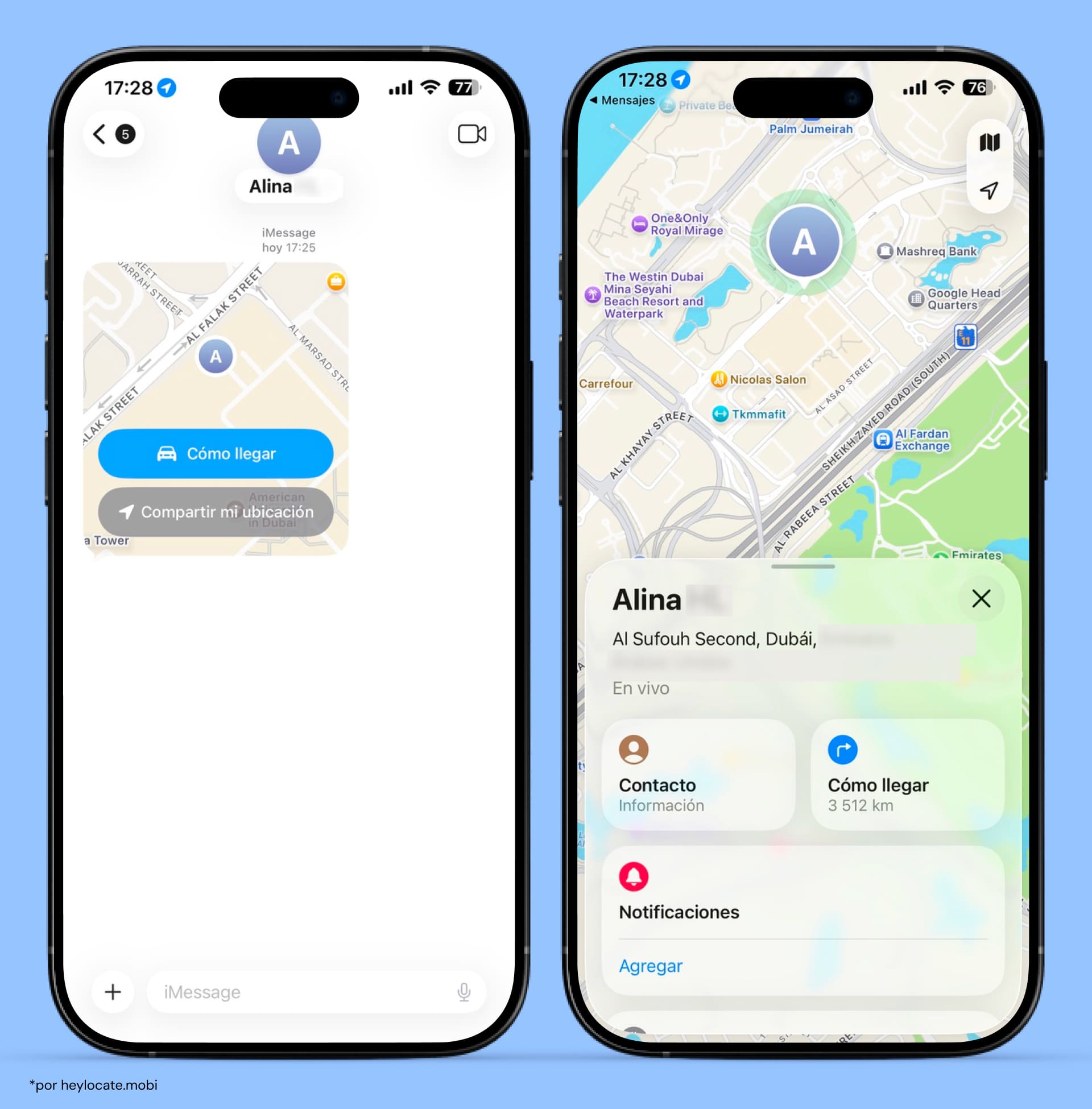 iMessage con un mapa enviado y vista de geolocalización.