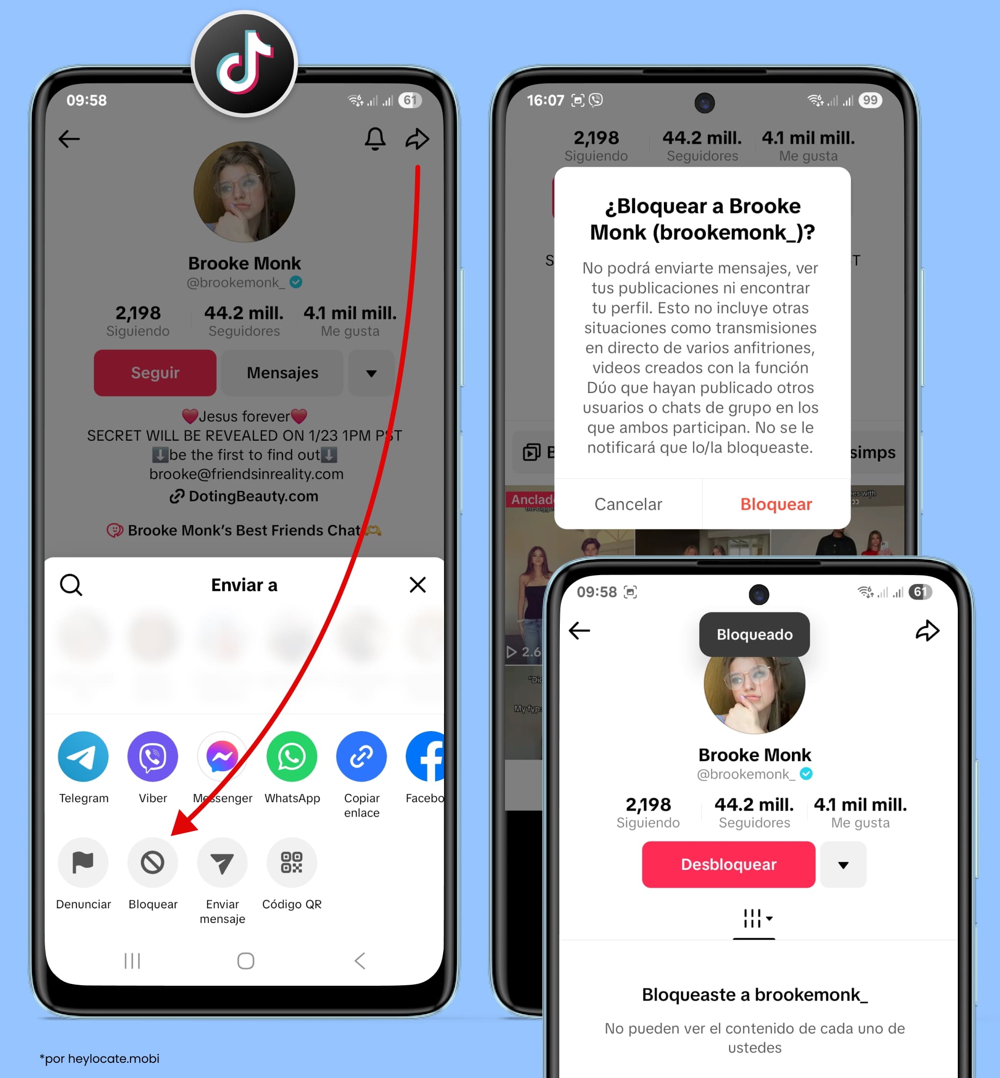 Ve al perfil de la persona: Compartir - Bloquear.