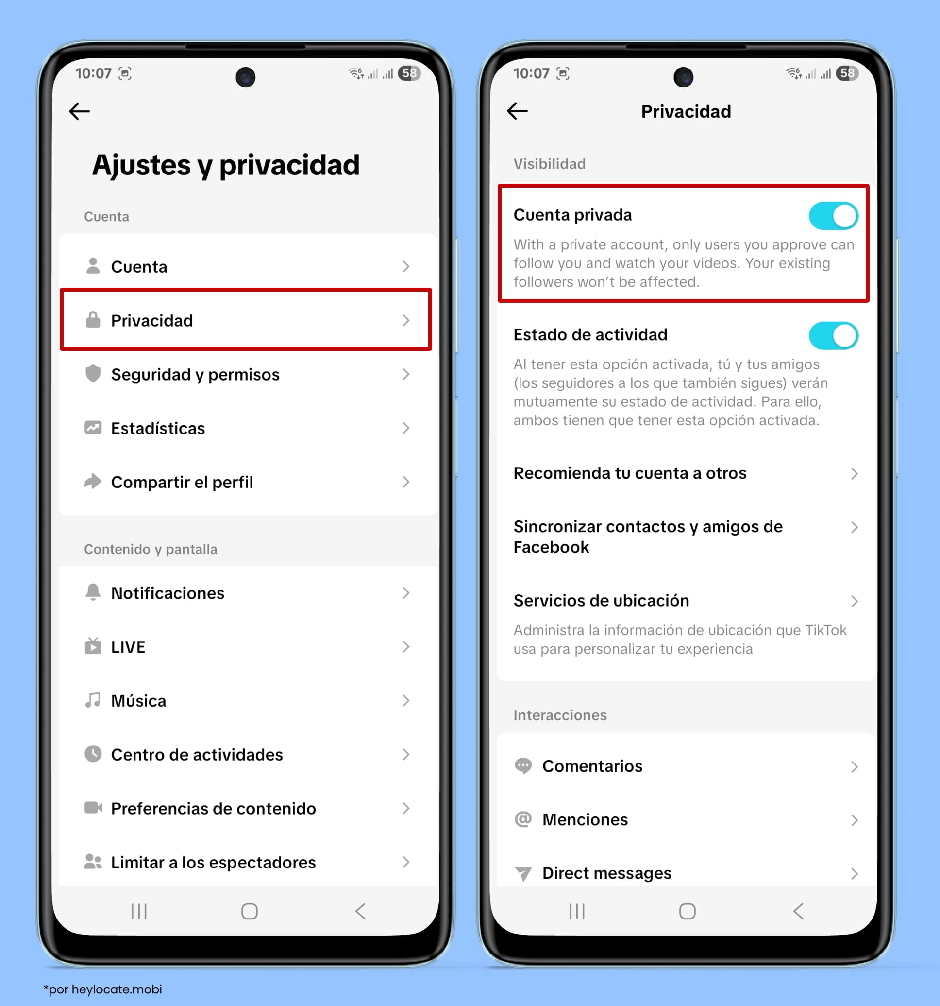 Menú (tres líneas): Ajustes y privacidad - Privacidad - activa Cuenta privada.