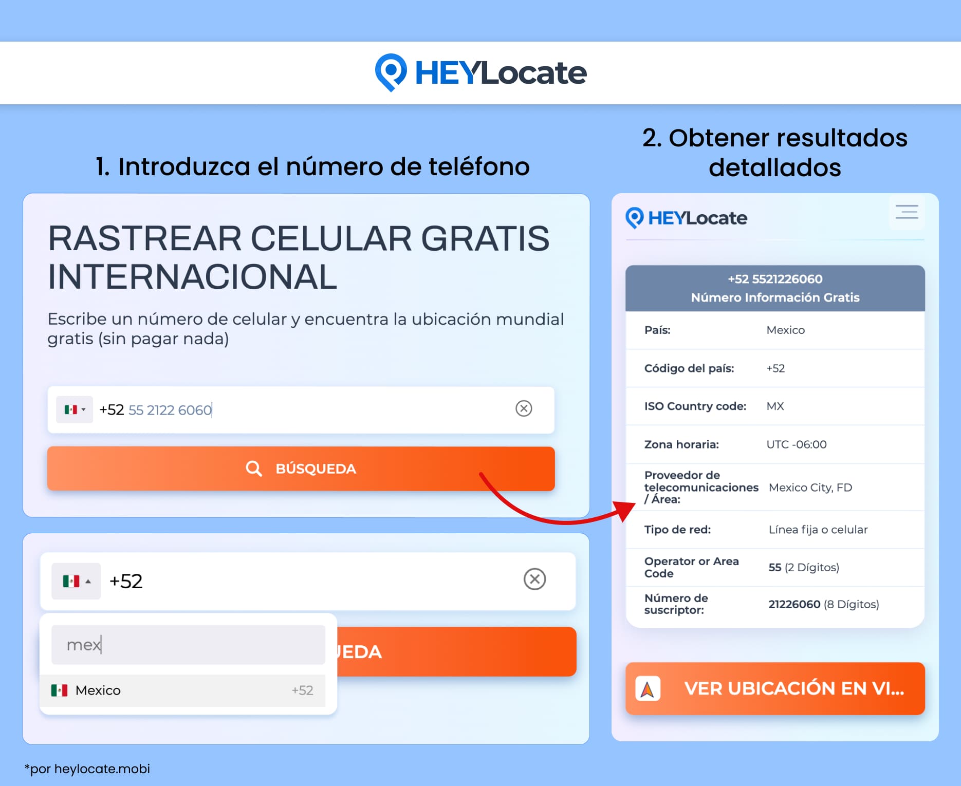 Elige un país, ingresa el número objetivo y recibe el resultado sobre la ubicación del número.