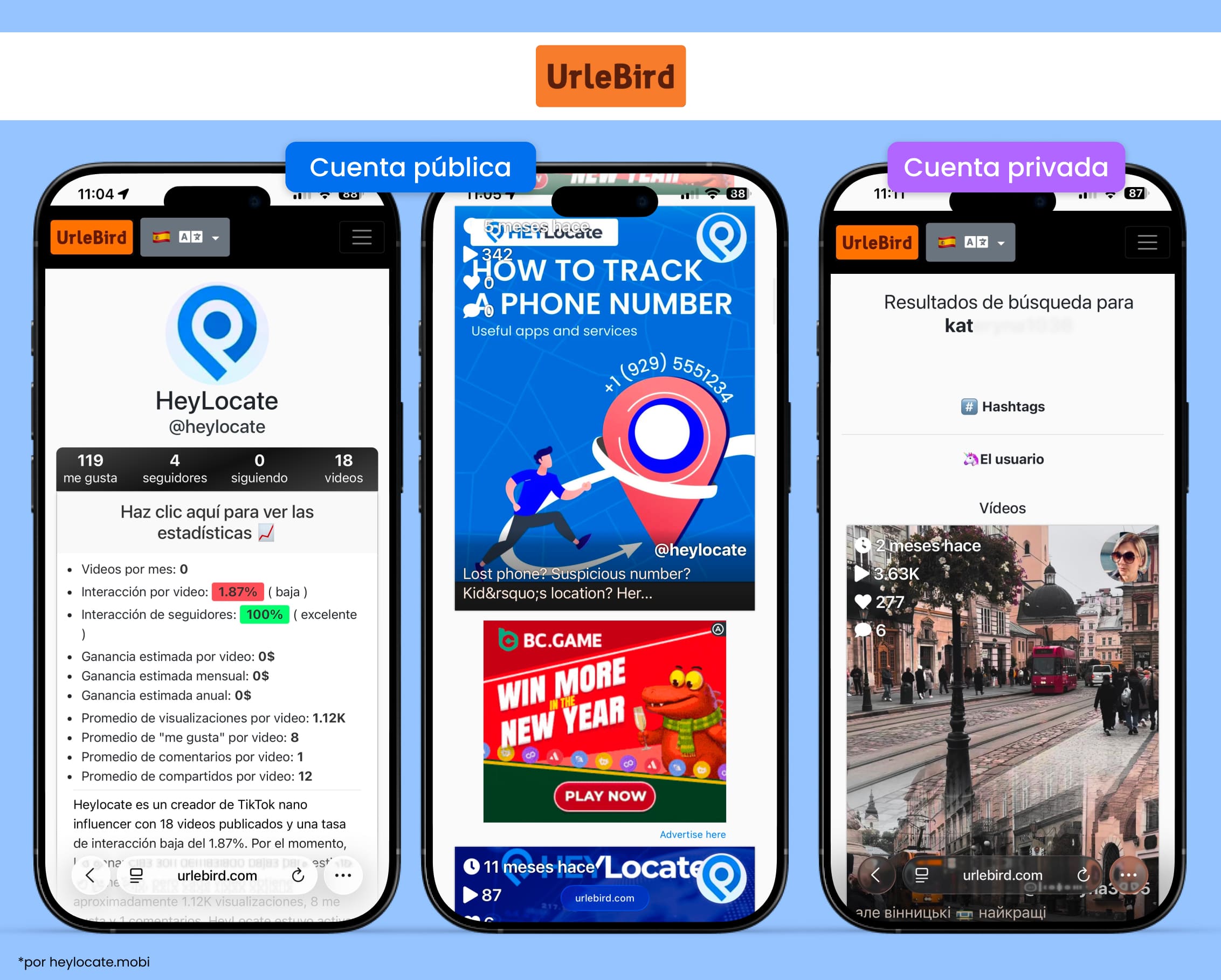 Por ejemplo, abre las analíticas y publicaciones de la cuenta pública de HeyLocate, así como de una cuenta privada.