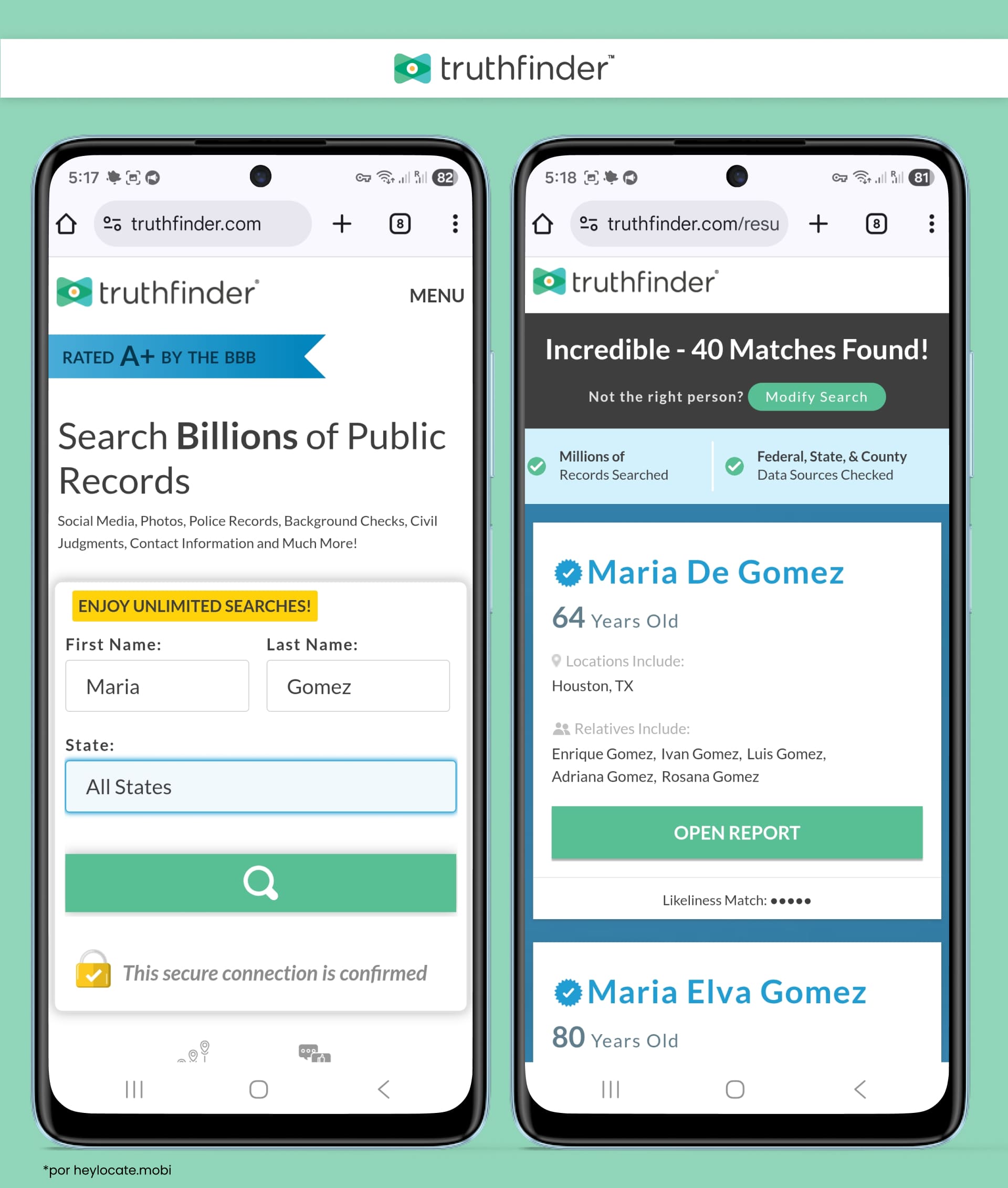 Busca a una persona por su nombre con la coincidencia más probable y un informe sobre ella.