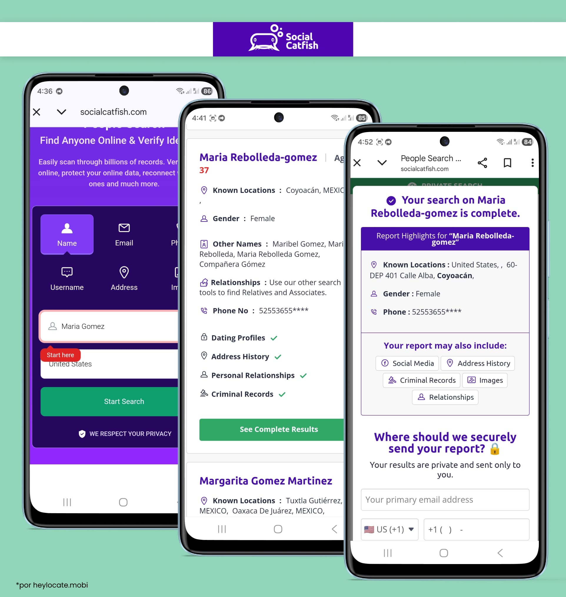 Busca a una persona por su nombre con una lista de resultados y resultados para una persona específica.