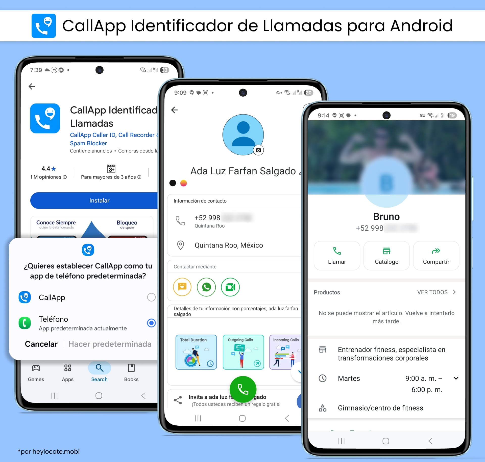 CallApp Identificador de llamadas para Android muestra datos de quien llama, información de contacto y un perfil comercial de WhatsApp para un número de teléfono buscado.