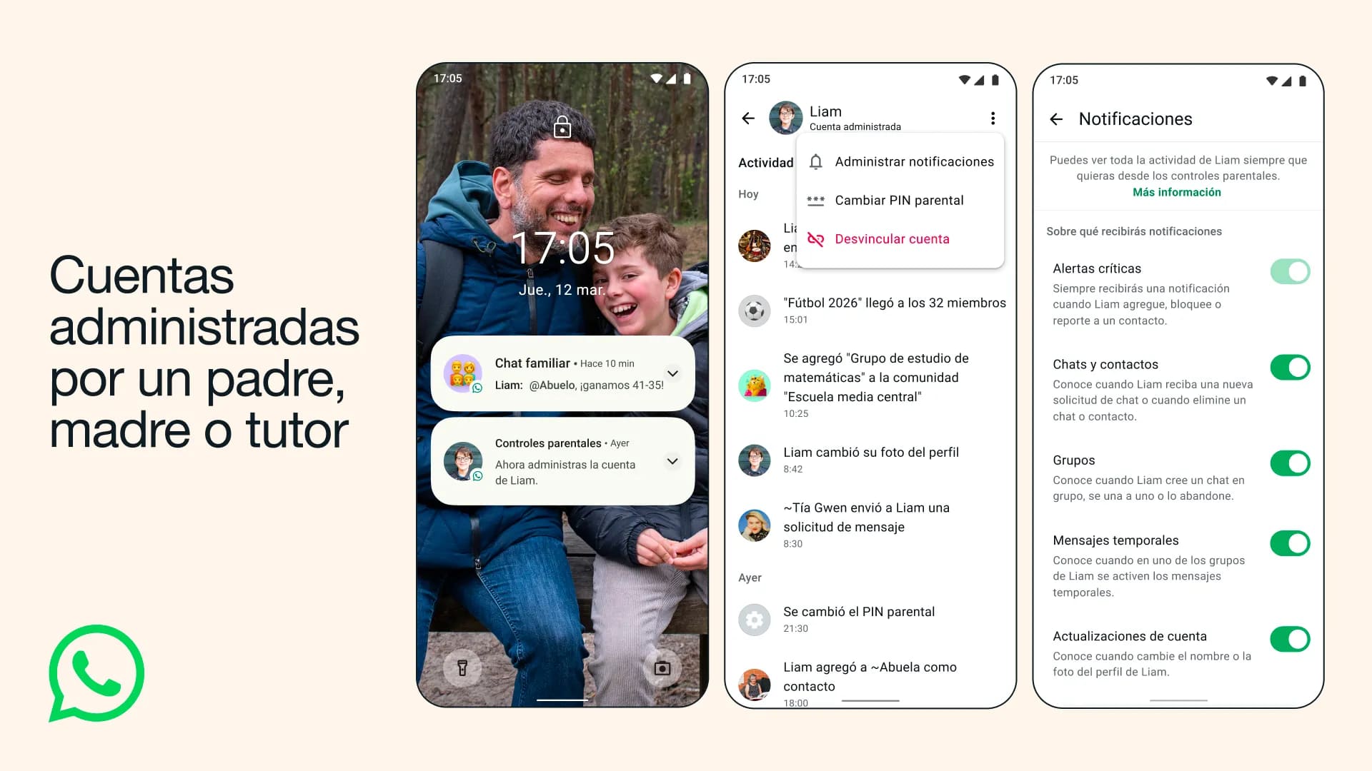 Configuración y opciones de las cuentas de WhatsApp gestionadas por los padres