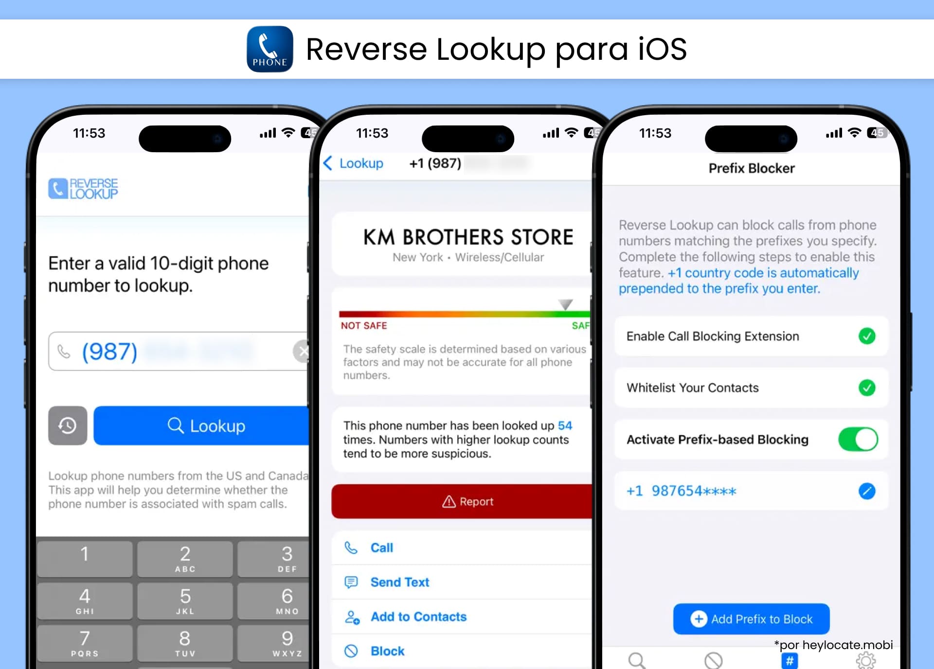 Reverse Lookup para iOS muestra búsqueda de números de teléfono, información de seguridad sobre quien llama y herramientas de bloqueo de llamadas por prefijo.