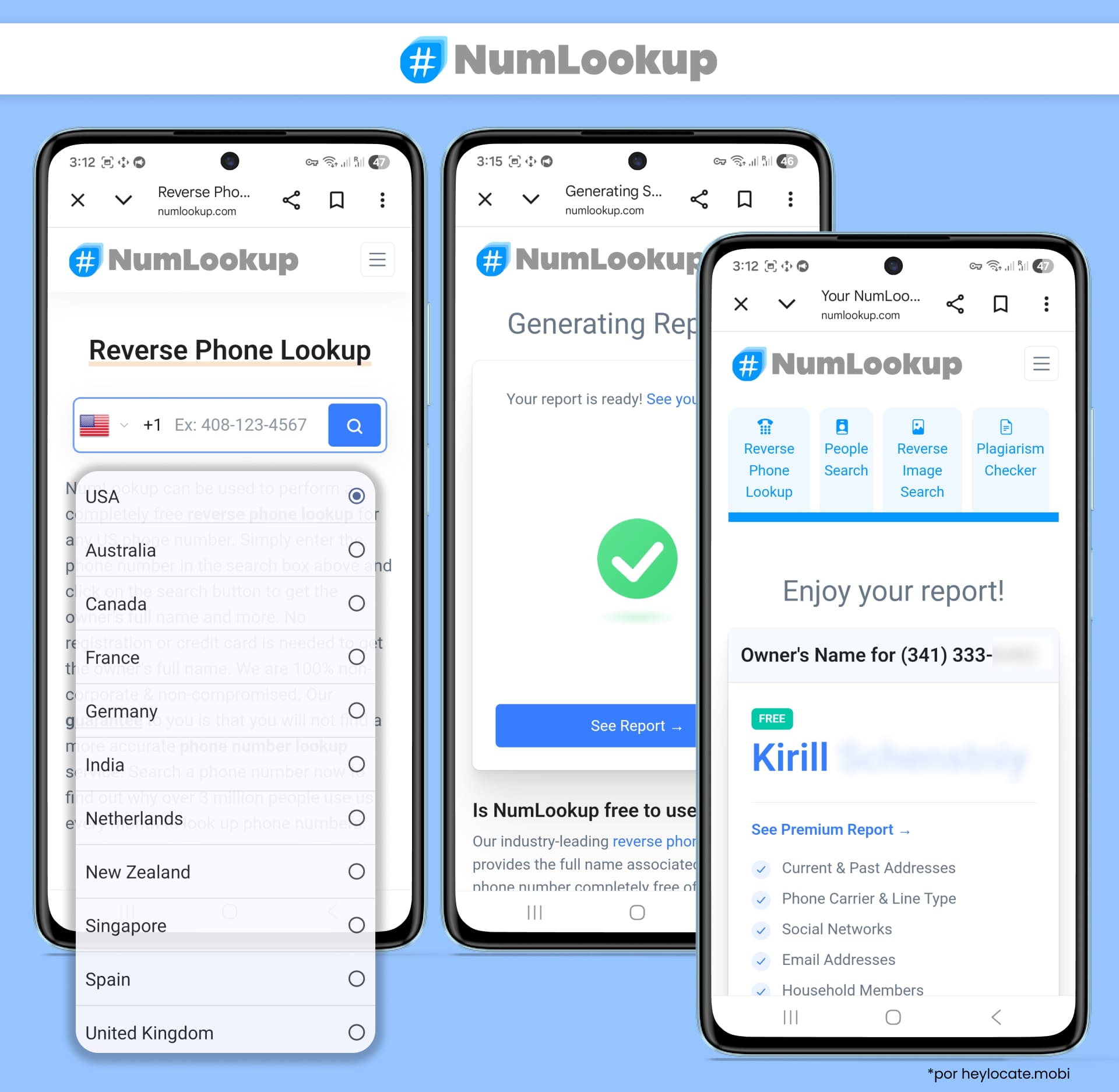 Las pantallas de búsqueda inversa de teléfonos en NumLookup muestran cómo ingresar un número de teléfono, generar un reporte y ver datos básicos del propietario.