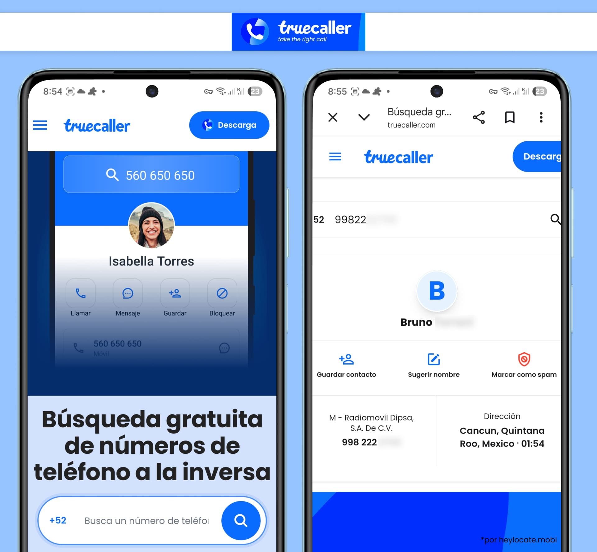 Las pantallas de búsqueda inversa de teléfonos en Truecaller muestran ejemplos de cómo identificar números desconocidos y ver los datos disponibles de quien llama.