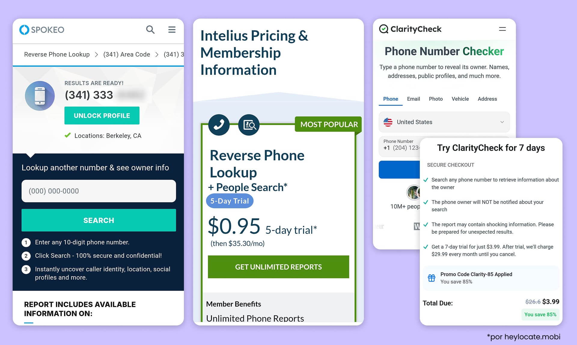 Spokeo, Intelius y ClarityCheck muestran ofertas de prueba y planes de pago en lugar de resultados completamente gratuitos de búsqueda inversa de teléfonos.