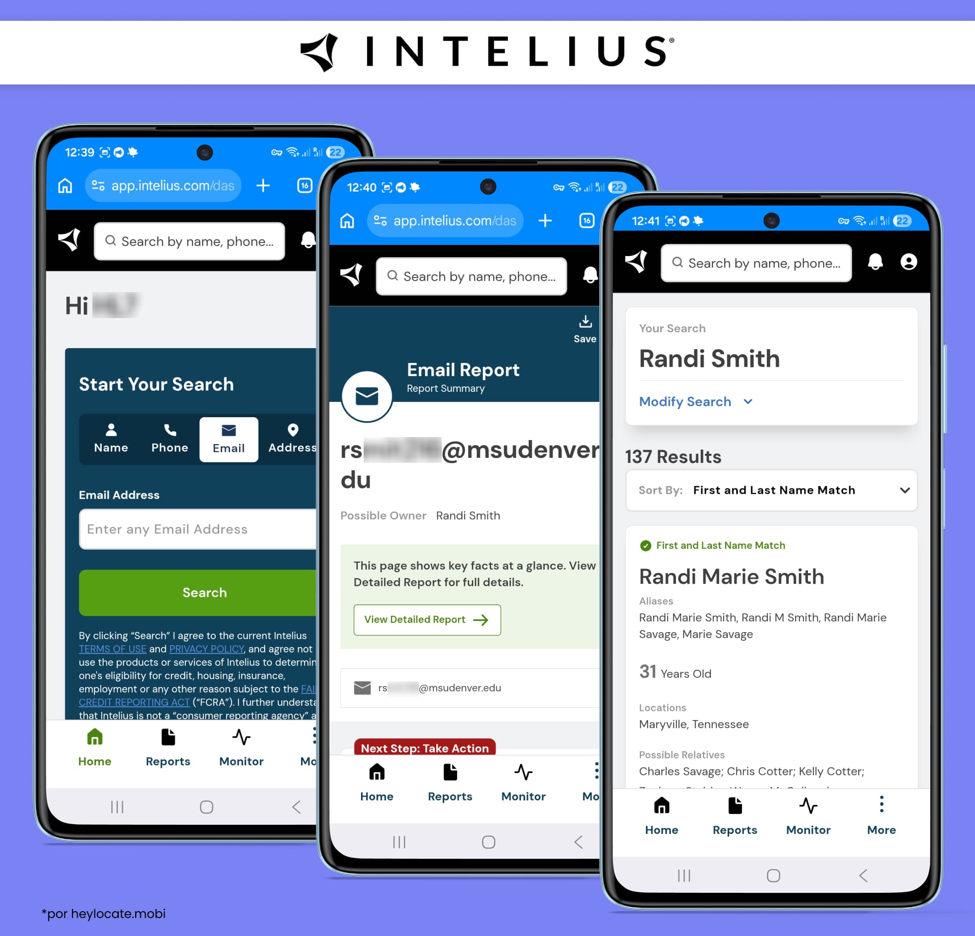 Búsqueda inversa de correo electrónico de Intelius con búsqueda por email, resumen del informe y resultados que muestran una persona coincidente y datos personales relacionados.