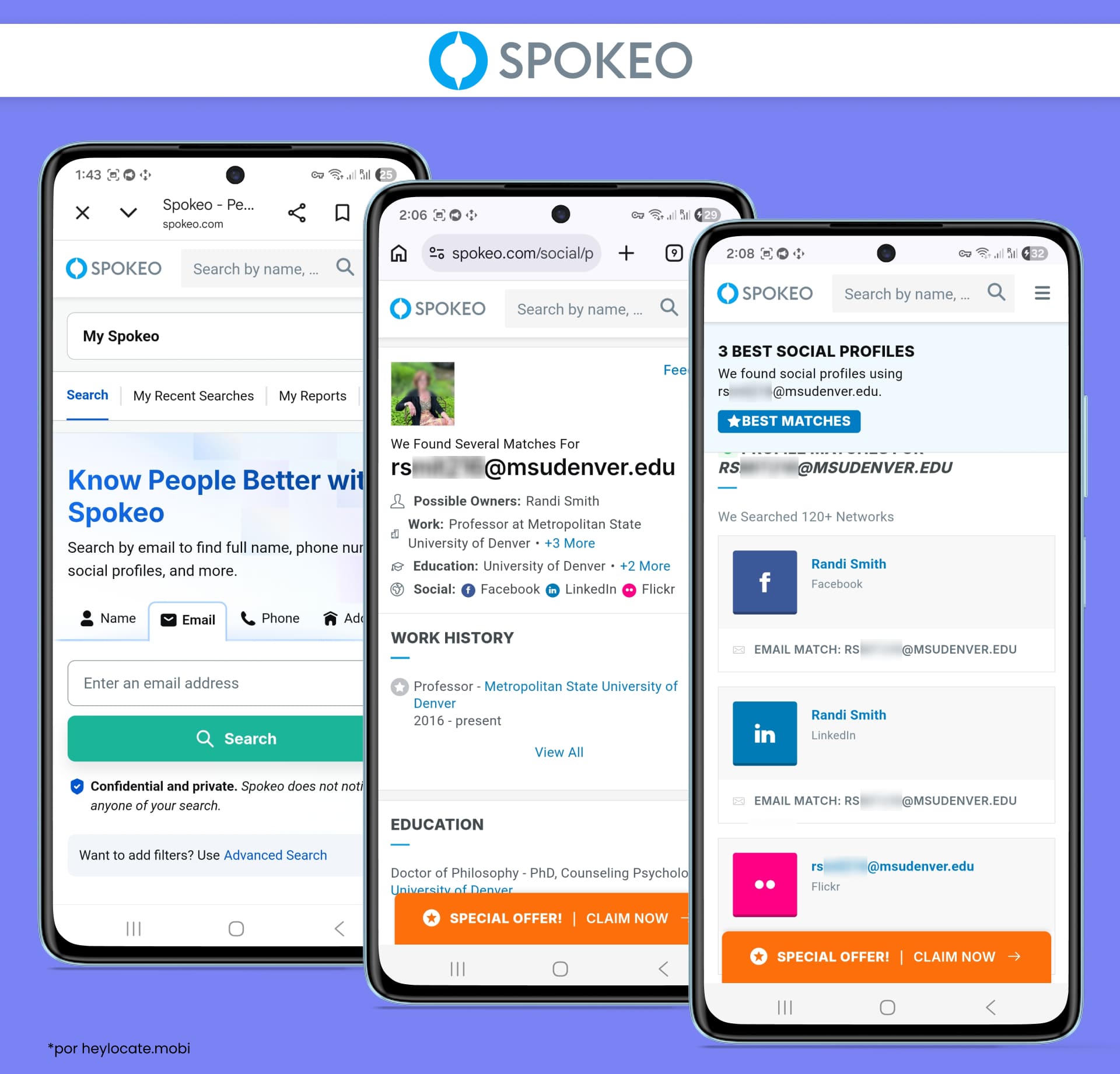 Búsqueda inversa de correo electrónico de Spokeo que muestra una búsqueda por email, posibles datos del propietario, historial laboral, educación y perfiles sociales coincidentes vinculados a la dirección buscada.
