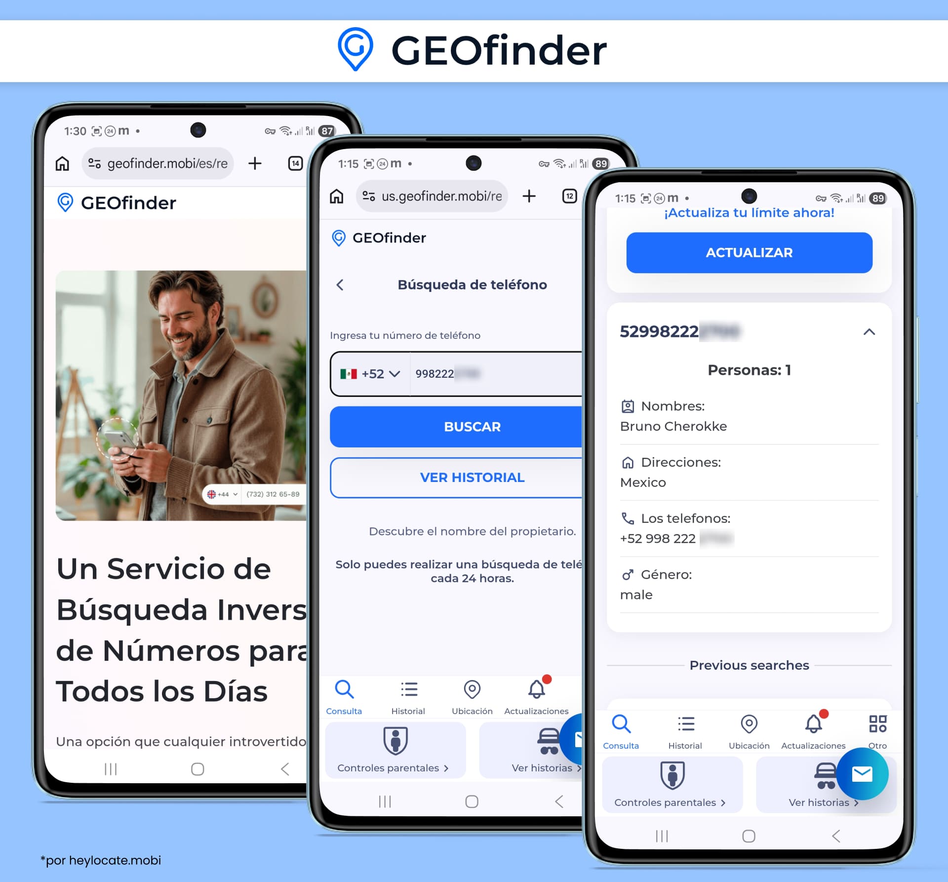 Resultados de GEOfinder con búsqueda inversa de teléfono, nombre del propietario, dirección, número de teléfono y género.