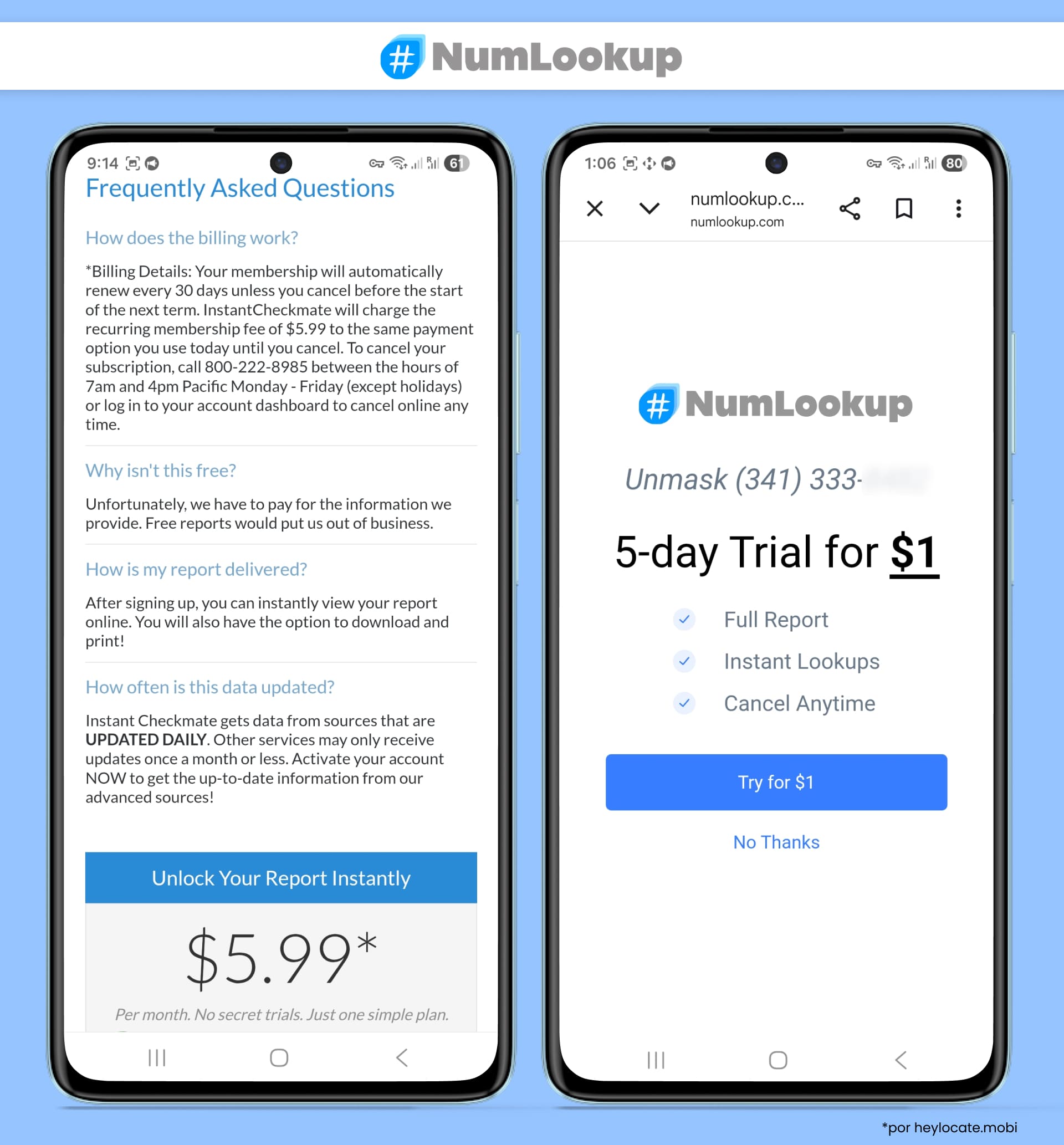 Servicio de búsqueda inversa de teléfonos de NumLookup con detalles de precios de prueba y preguntas frecuentes.