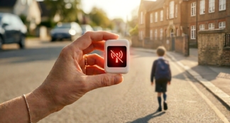 mano con un rastreador GPS que no funciona, con el mensaje «Sin señal», y un niño caminando al fondo