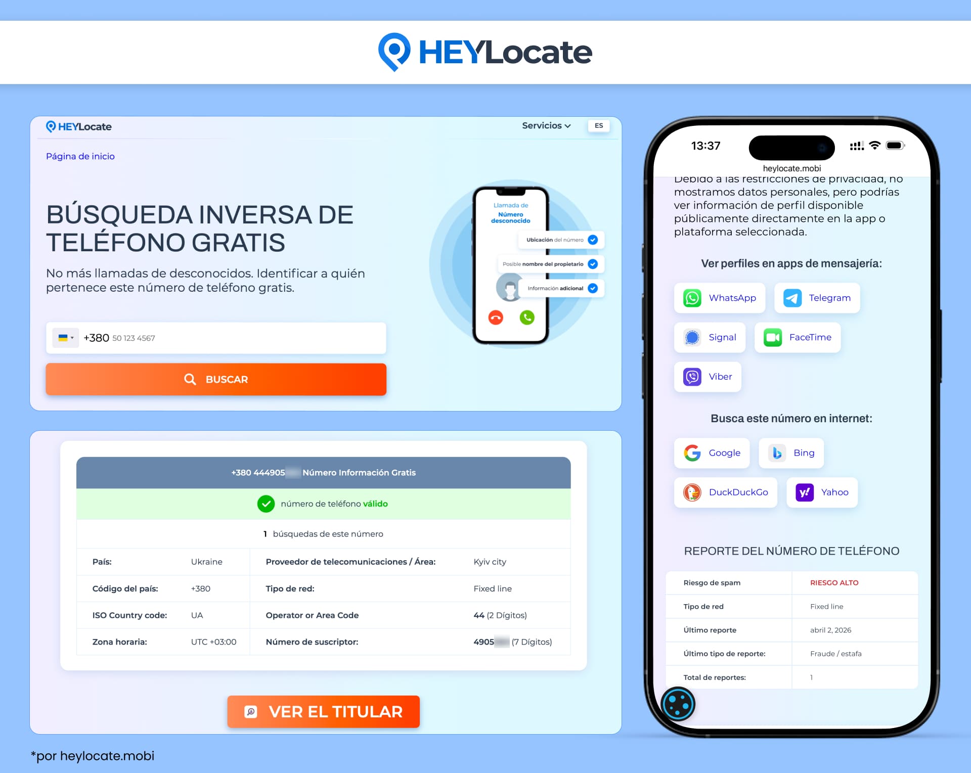 Servicio de búsqueda inversa de teléfonos de HeyLocate con detalles del número, opciones de búsqueda del propietario y un reporte de riesgo de spam.