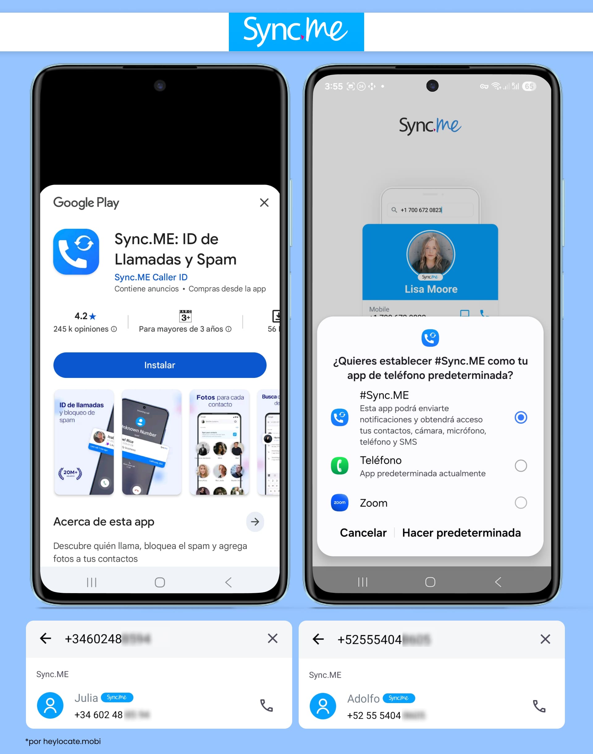 Pantallas de Sync.me con la app en Google Play, la solicitud para establecerla como aplicación de teléfono predeterminada y la identificación de contactos para dos números.