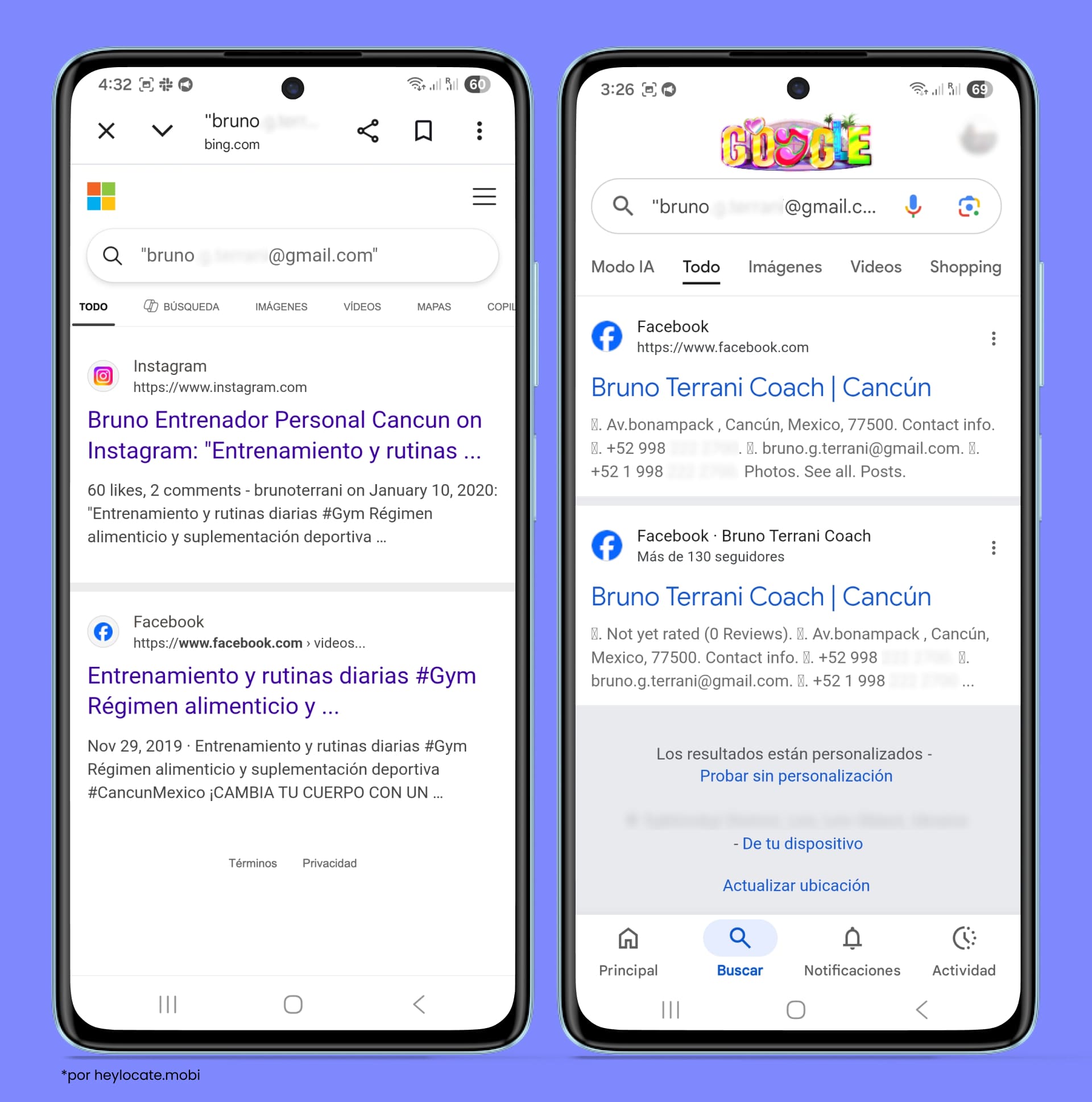 Bing y Google muestran resultados públicos asociados a una dirección de correo, lo que ayuda a encontrar perfiles o datos vinculados a ese email.