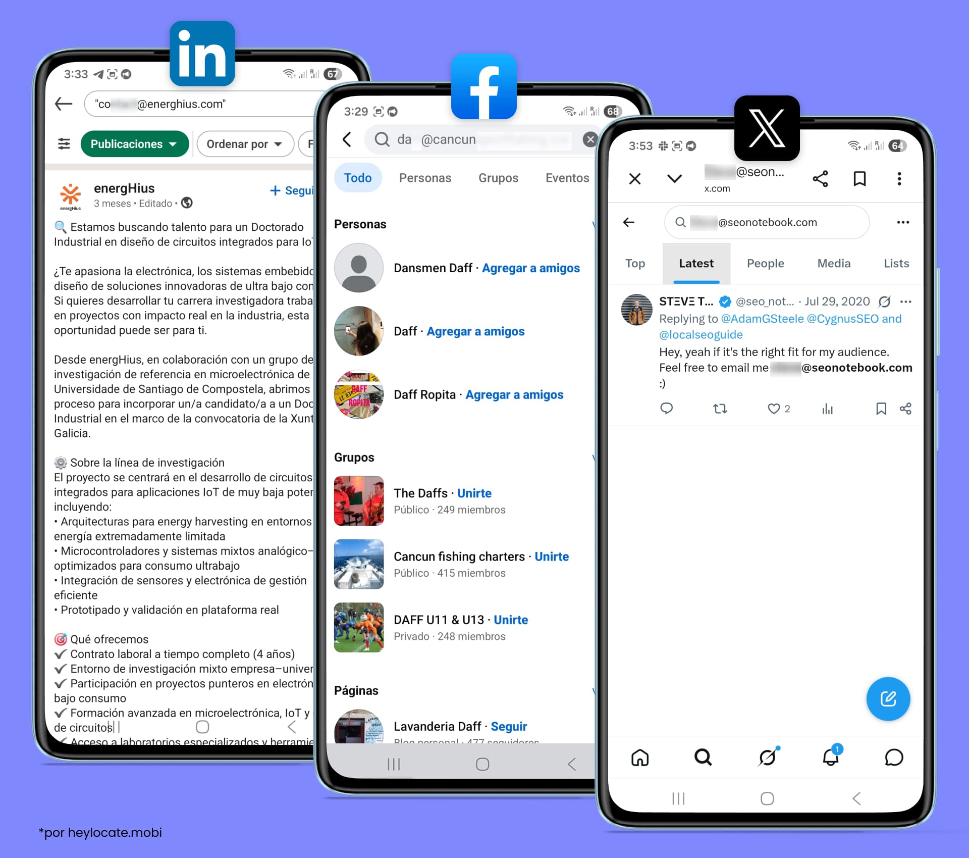 LinkedIn, Facebook y X permiten buscar una dirección de correo para encontrar perfiles, publicaciones o menciones públicas relacionadas con la persona.