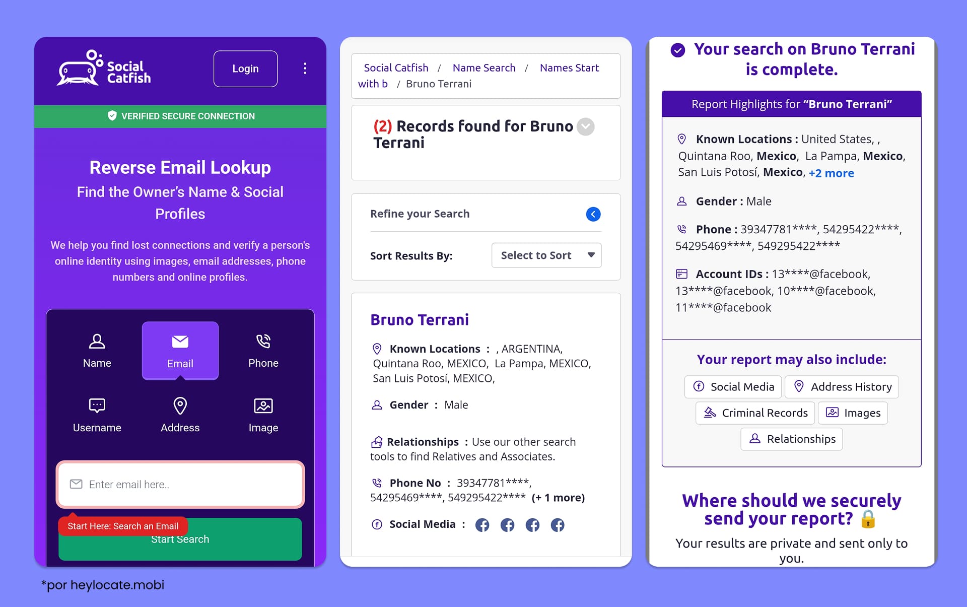 Social Catfish muestra resultados de búsqueda inversa de email con nombre, edad, perfiles sociales y sitios web relacionados con la persona.