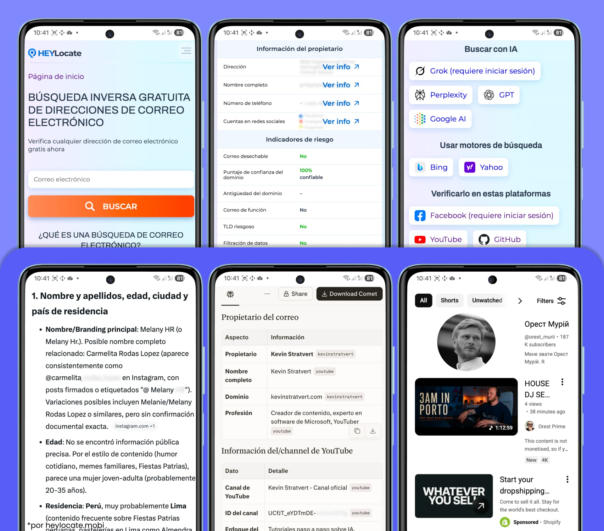HeyLocate muestra detalles básicos del propietario, indicadores de riesgo y opciones de seguimiento para verificar una dirección de correo electrónico mediante herramientas de IA, motores de búsqueda y plataformas públicas.