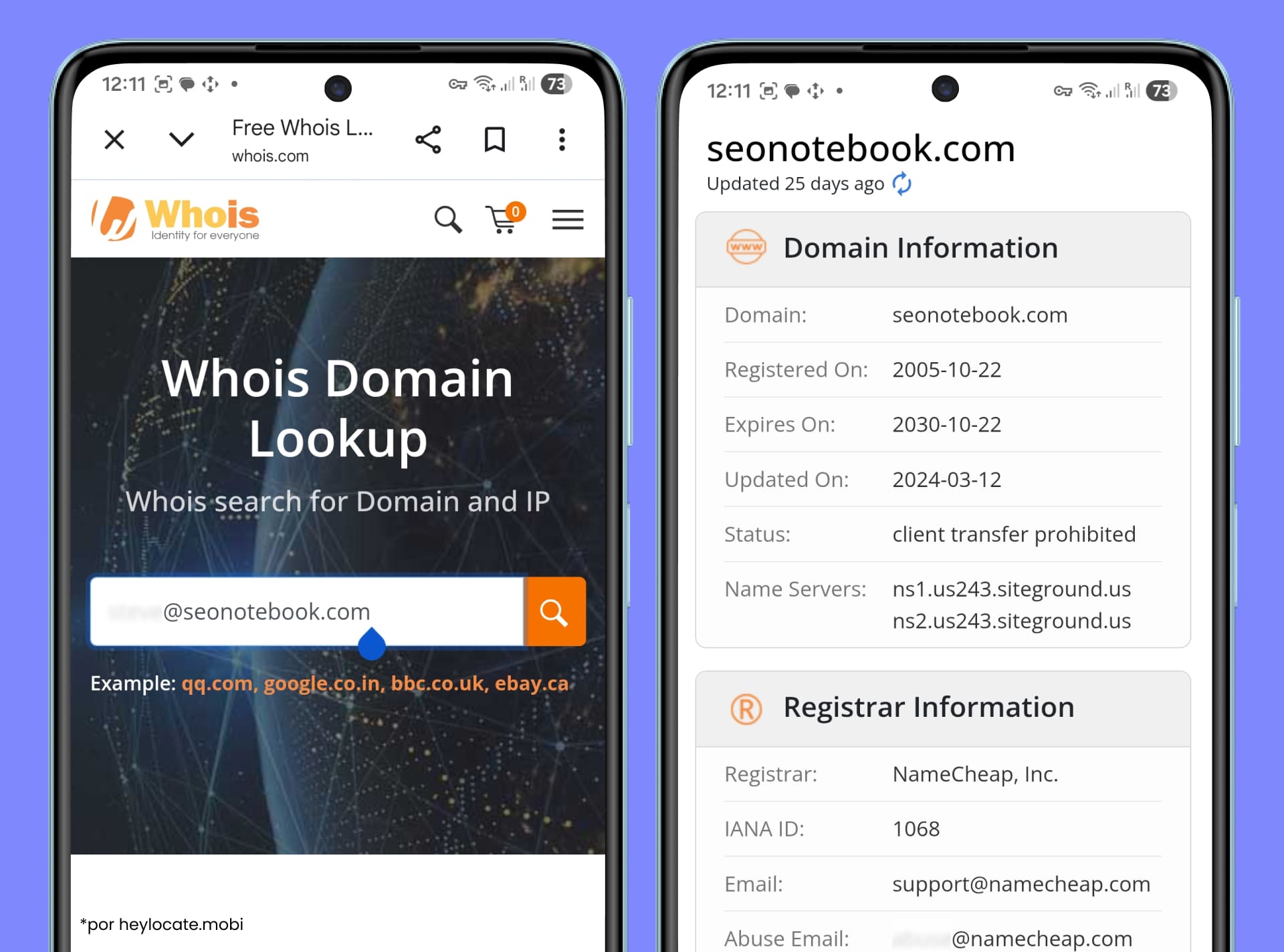 Whois muestra información del dominio asociado a una dirección de correo, como fecha de registro, registrador y servidores de nombres.