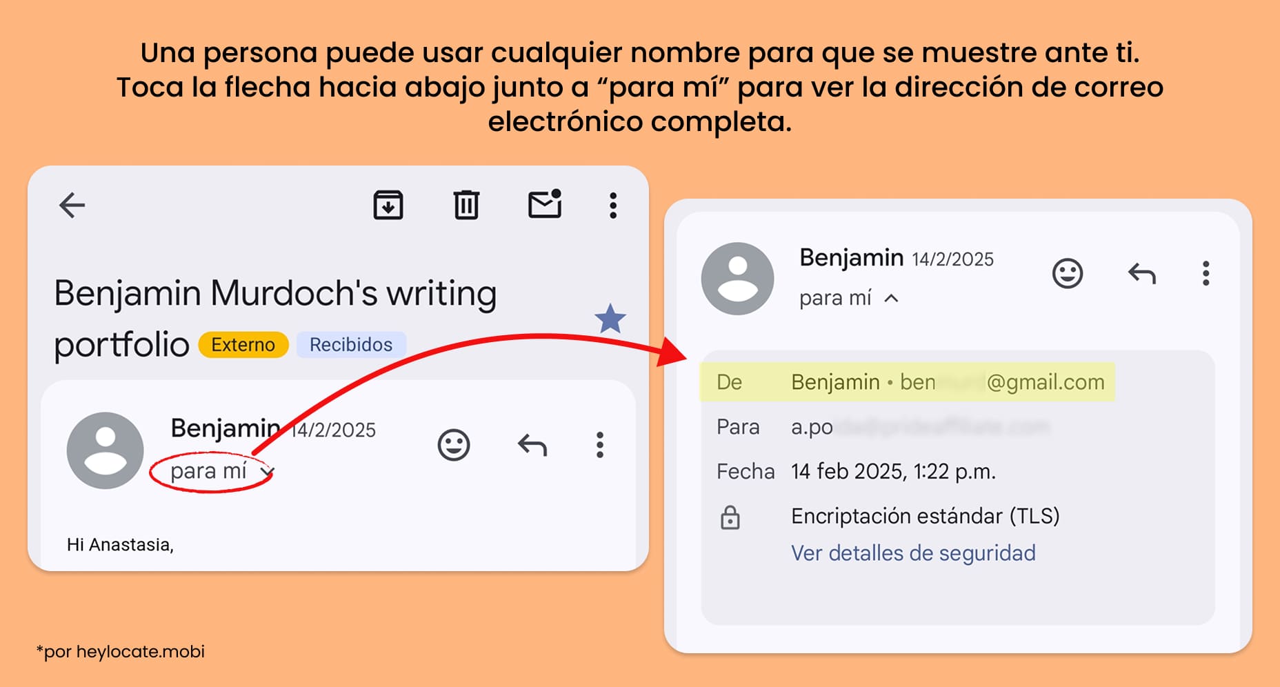 Gmail muestra cómo abrir los detalles del remitente para ver la dirección de correo completa y comprobar si el nombre visible coincide con el email.