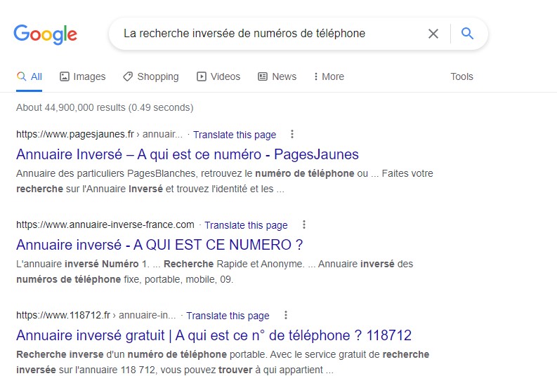 google La recherche inversée de numéros de téléphone
