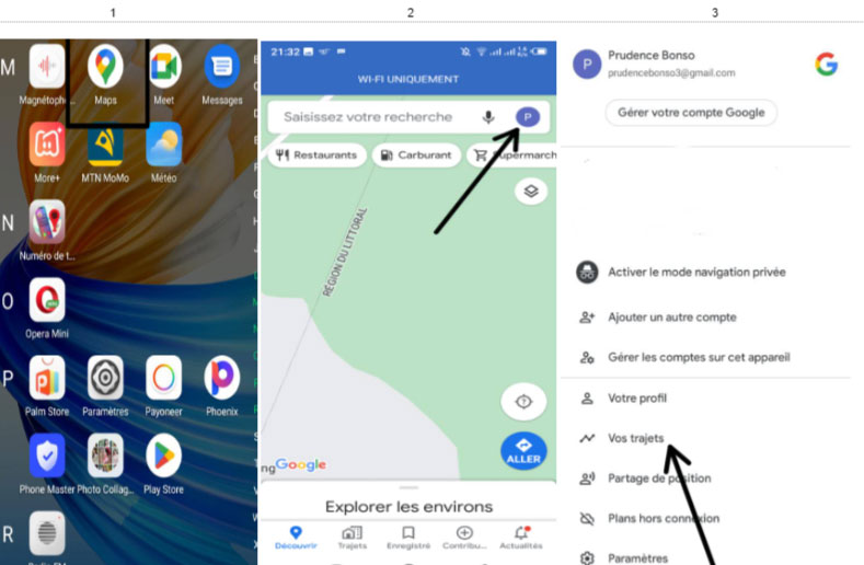 Captures d'écran Android indiquant où chercher l'historique de votre localisation