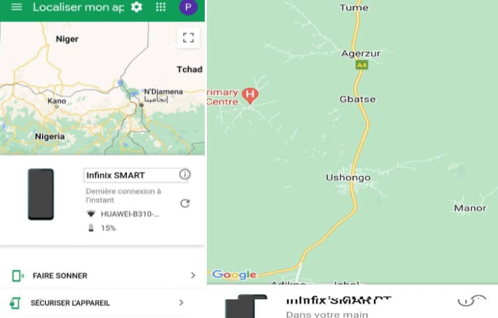 Recherche avec Find My Device sur google map
