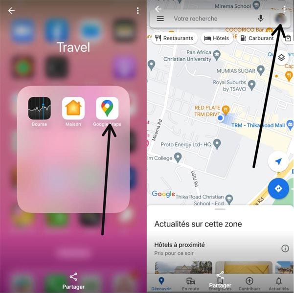 captures d'écran mobiles pour savoir comment suivre un iPhone via Google Map, étapes 1-2